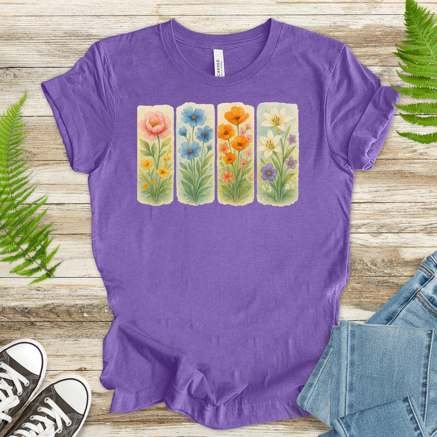 Pressed Wildflower Strips T-Shirt – Vintage Watercolor Floral Tee