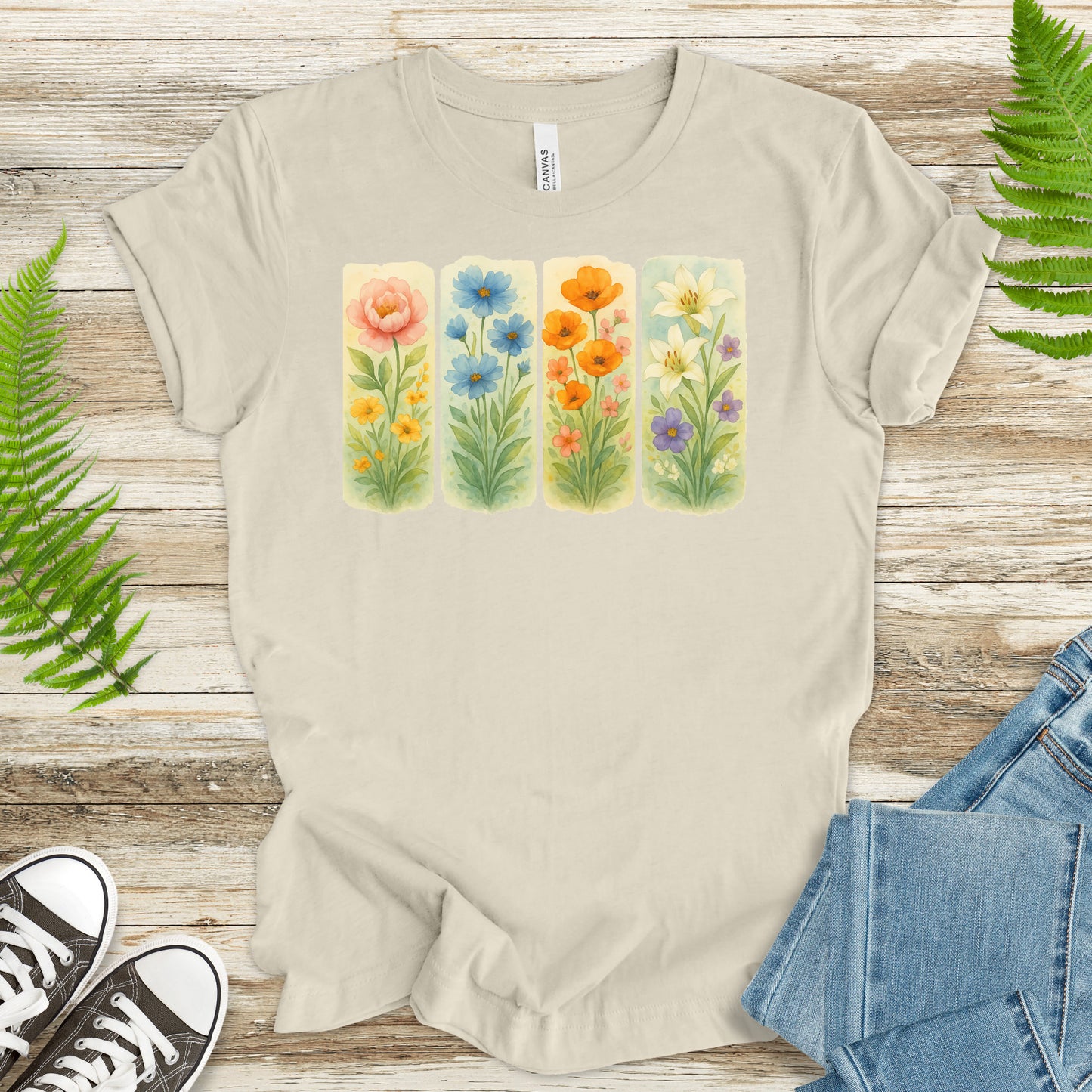 Pressed Wildflower Strips T-Shirt – Vintage Watercolor Floral Tee