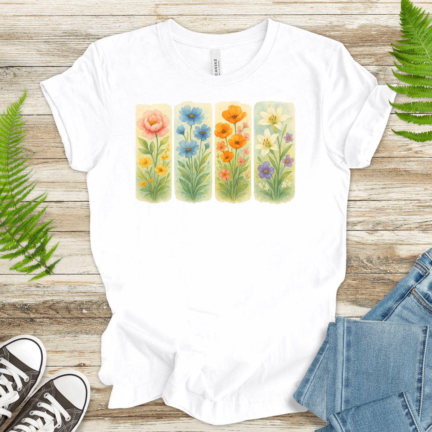 Pressed Wildflower Strips T-Shirt – Vintage Watercolor Floral Tee