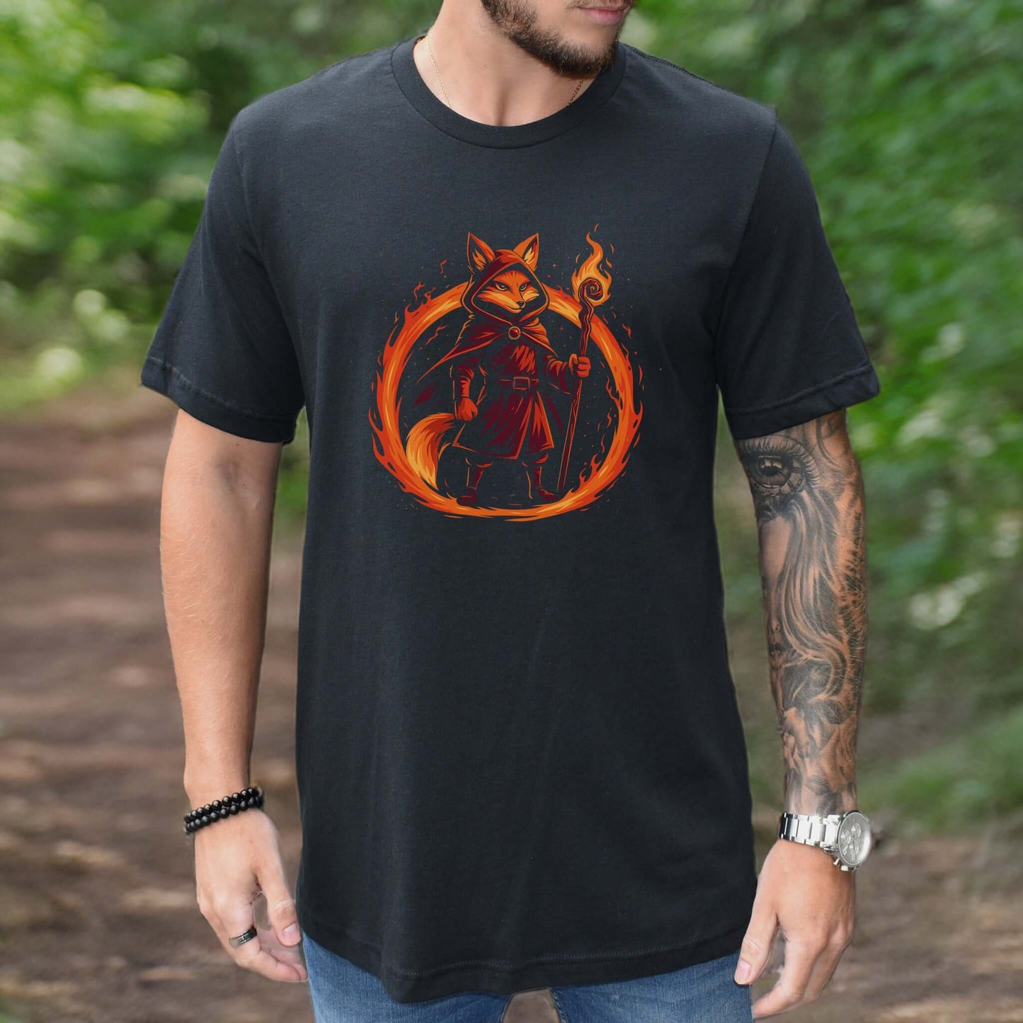 Flame Circle Fox Wizard Fantasy T-Shirt