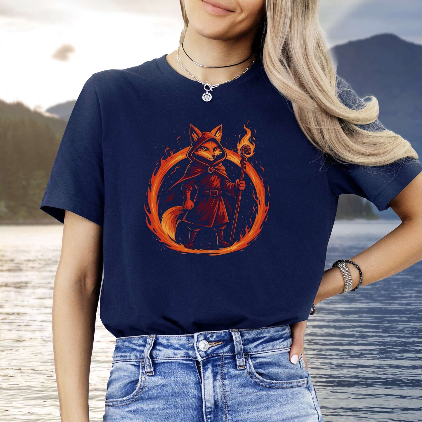 Flame Circle Fox Wizard Fantasy T-Shirt