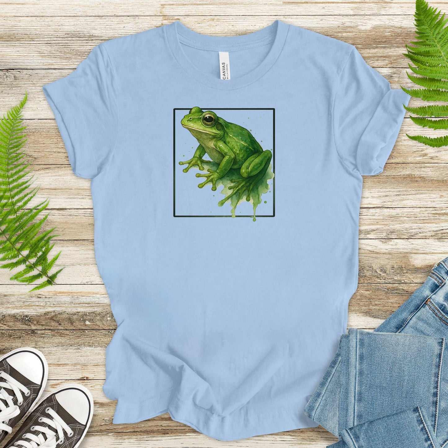 Frog Watercolor Style T-Shirt – Vibrant Green Nature Vibes
