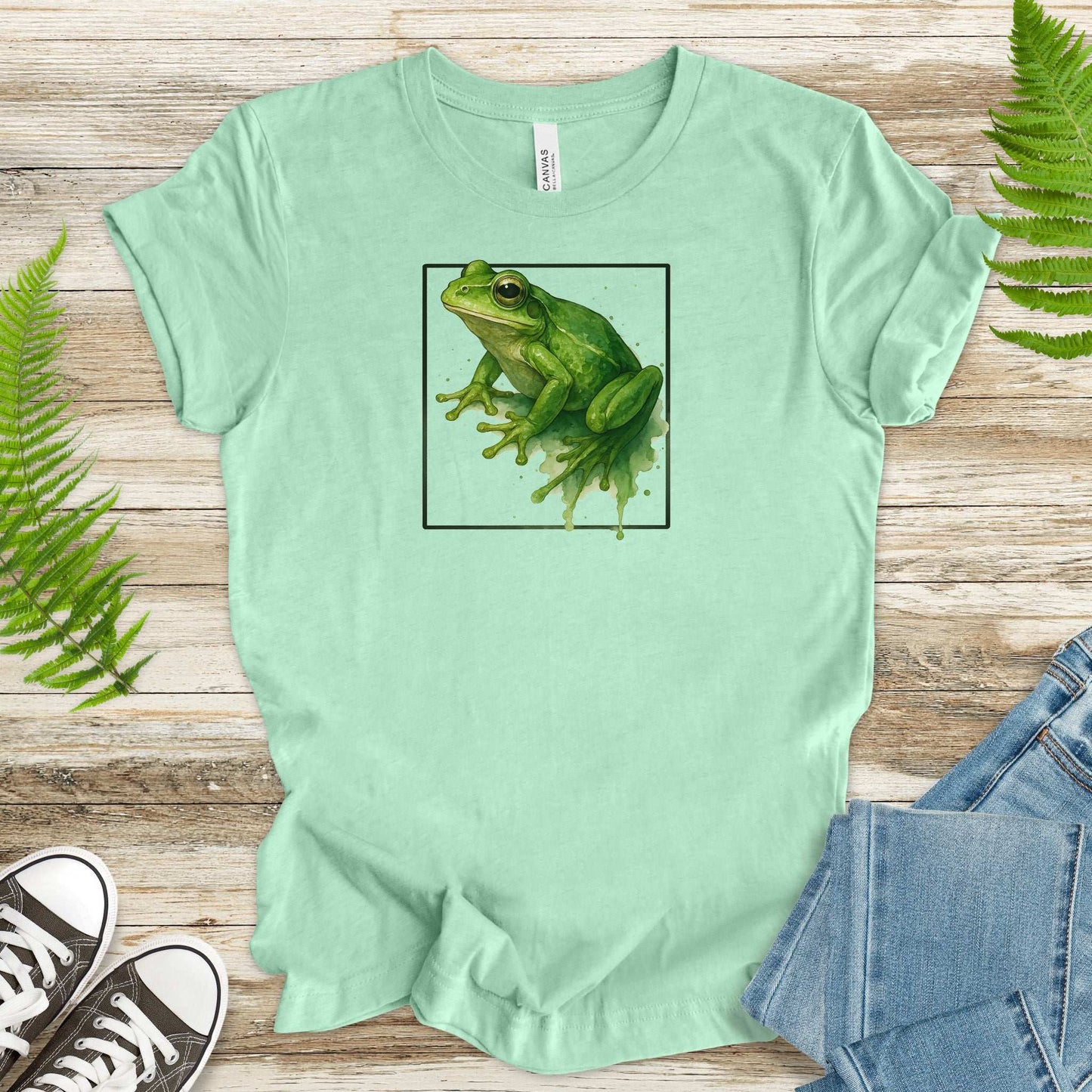Frog Watercolor Style T-Shirt – Vibrant Green Nature Vibes