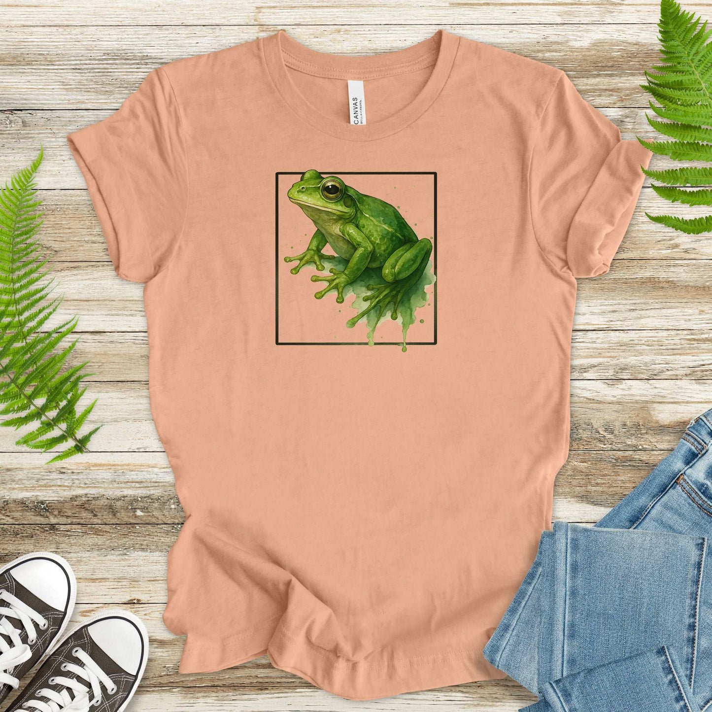 Frog Watercolor Style T-Shirt – Vibrant Green Nature Vibes