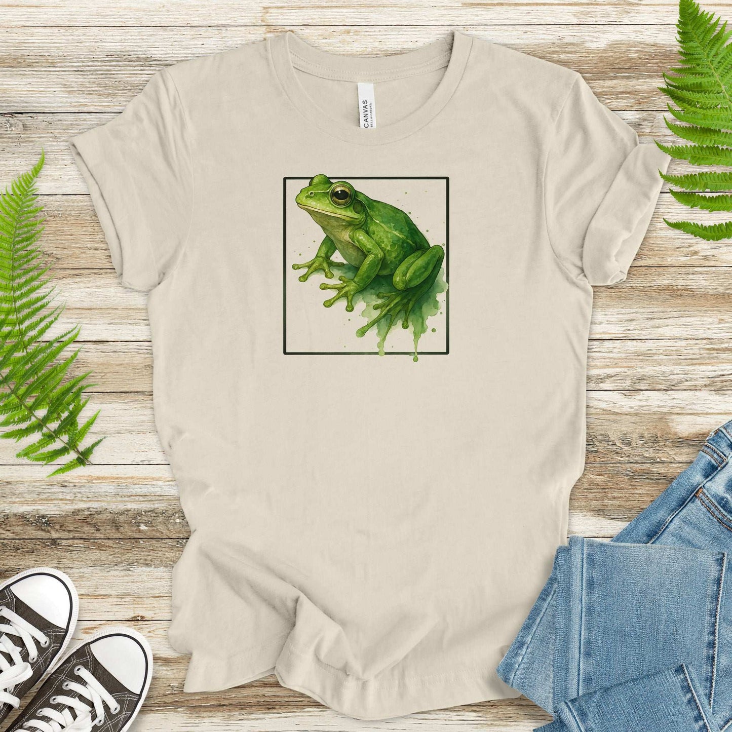 Frog Watercolor Style T-Shirt – Vibrant Green Nature Vibes