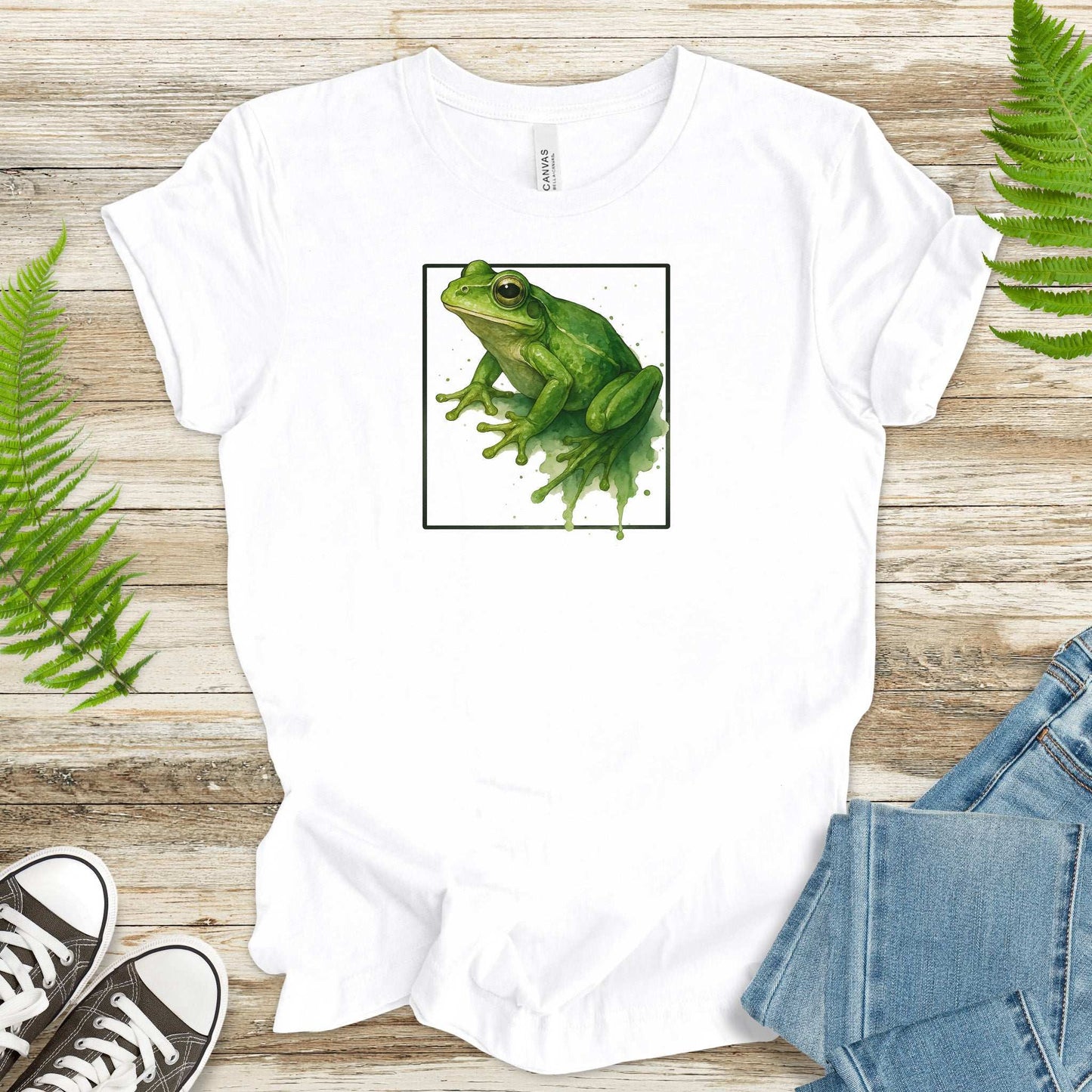 Frog Watercolor Style T-Shirt – Vibrant Green Nature Vibes