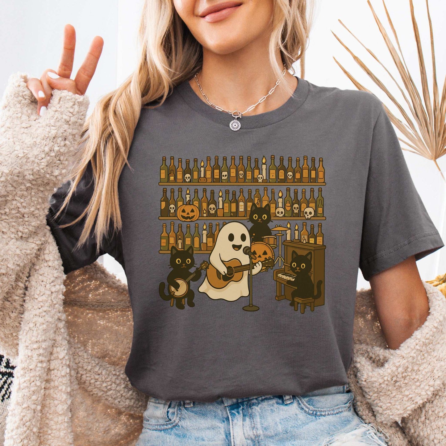 Ghost & Black Cat Band T-Shirt – Spooky Country Bar Concert Tee