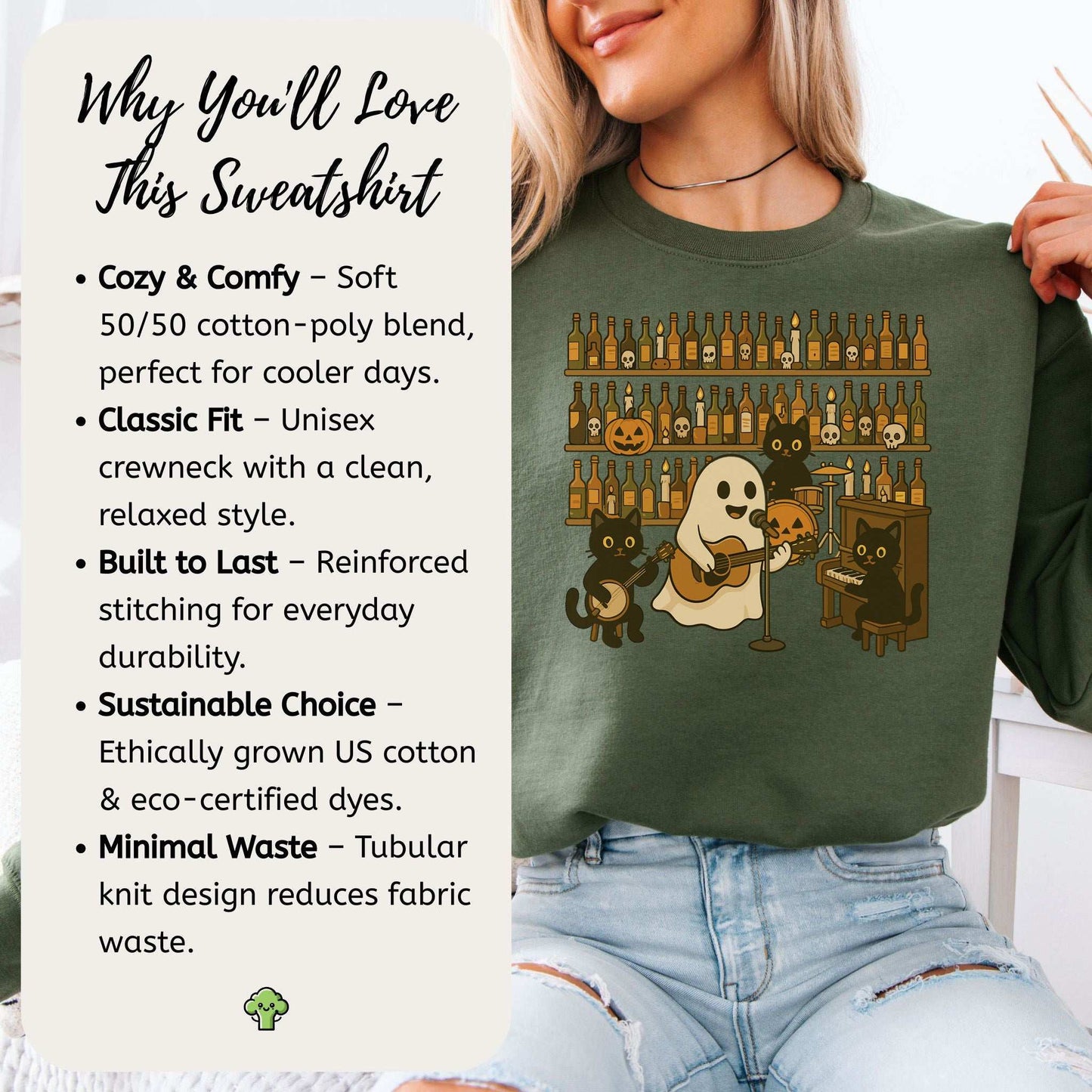 Ghost & Black Cat Band Sweatshirt – Spooky Country Bar Concert Vibes