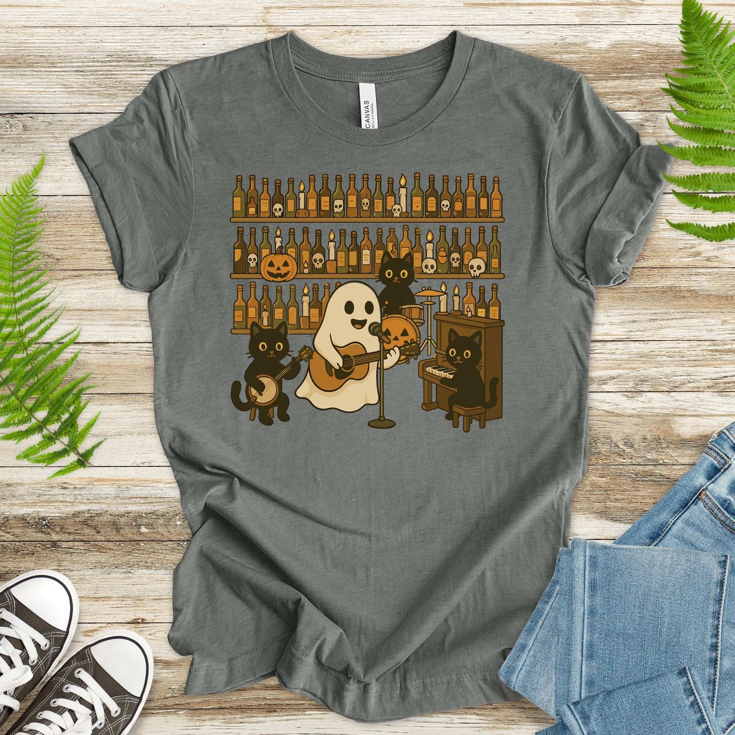 Ghost & Black Cat Band T-Shirt – Spooky Country Bar Concert Tee