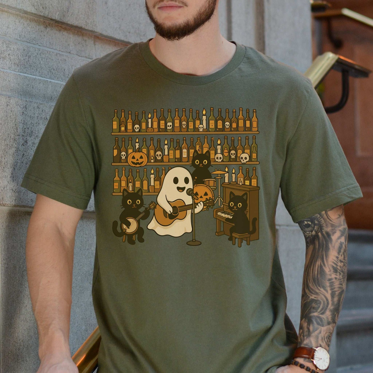 Ghost & Black Cat Band T-Shirt – Spooky Country Bar Concert Tee
