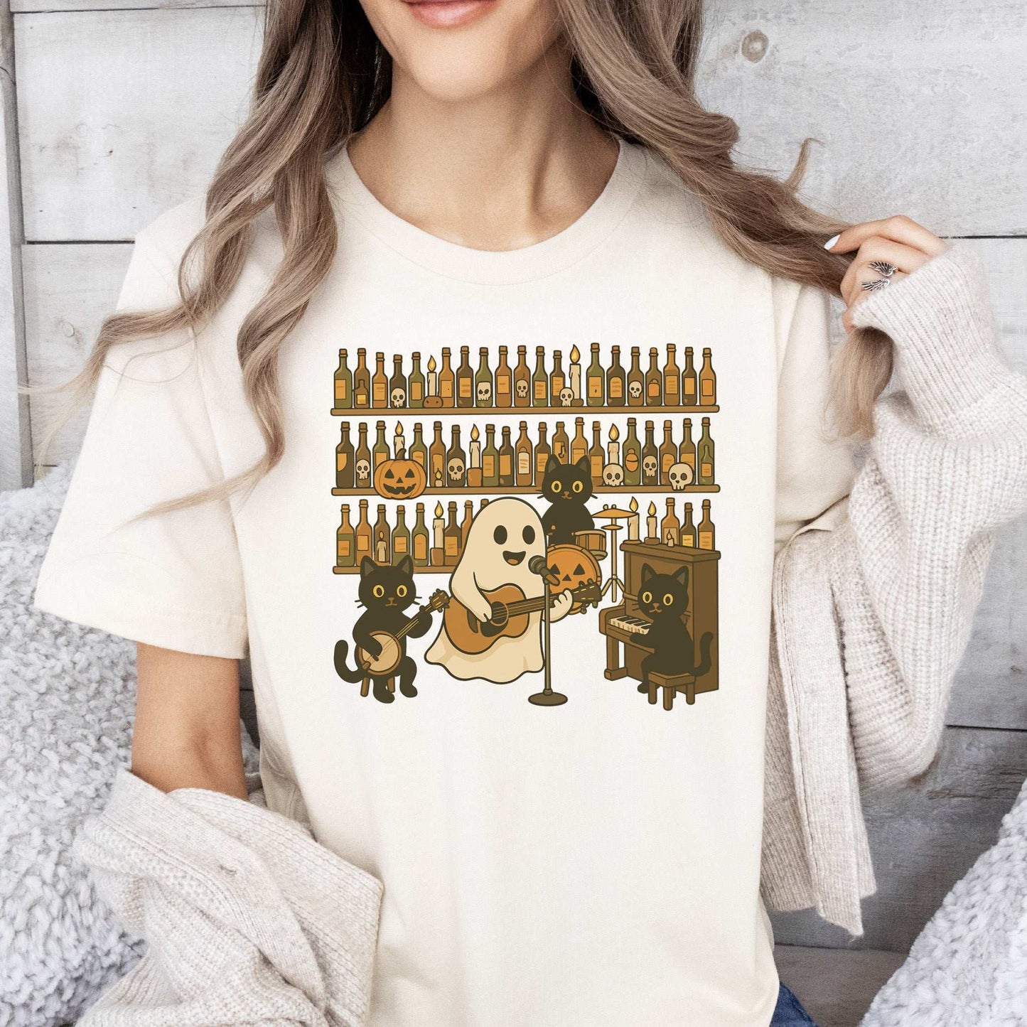 Ghost & Black Cat Band T-Shirt – Spooky Country Bar Concert Tee
