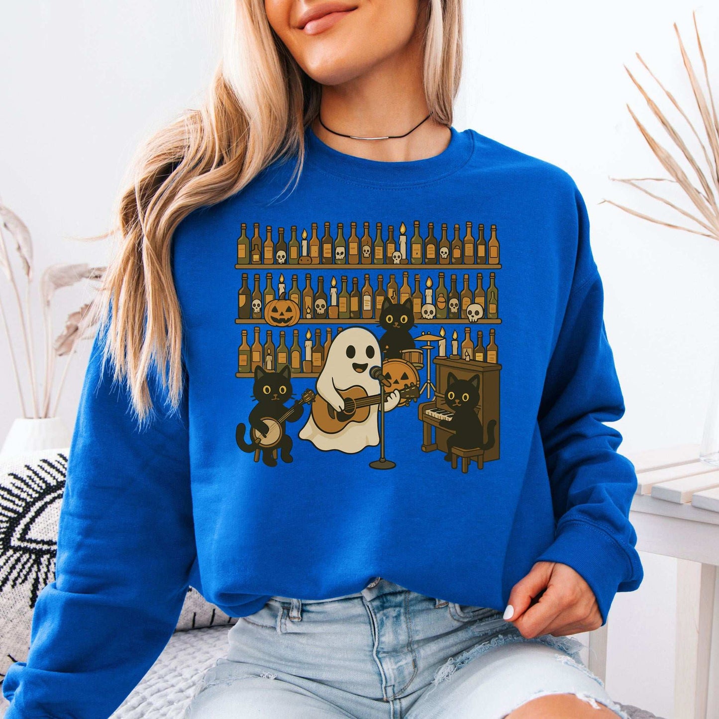 Ghost & Black Cat Band Sweatshirt – Spooky Country Bar Concert Vibes