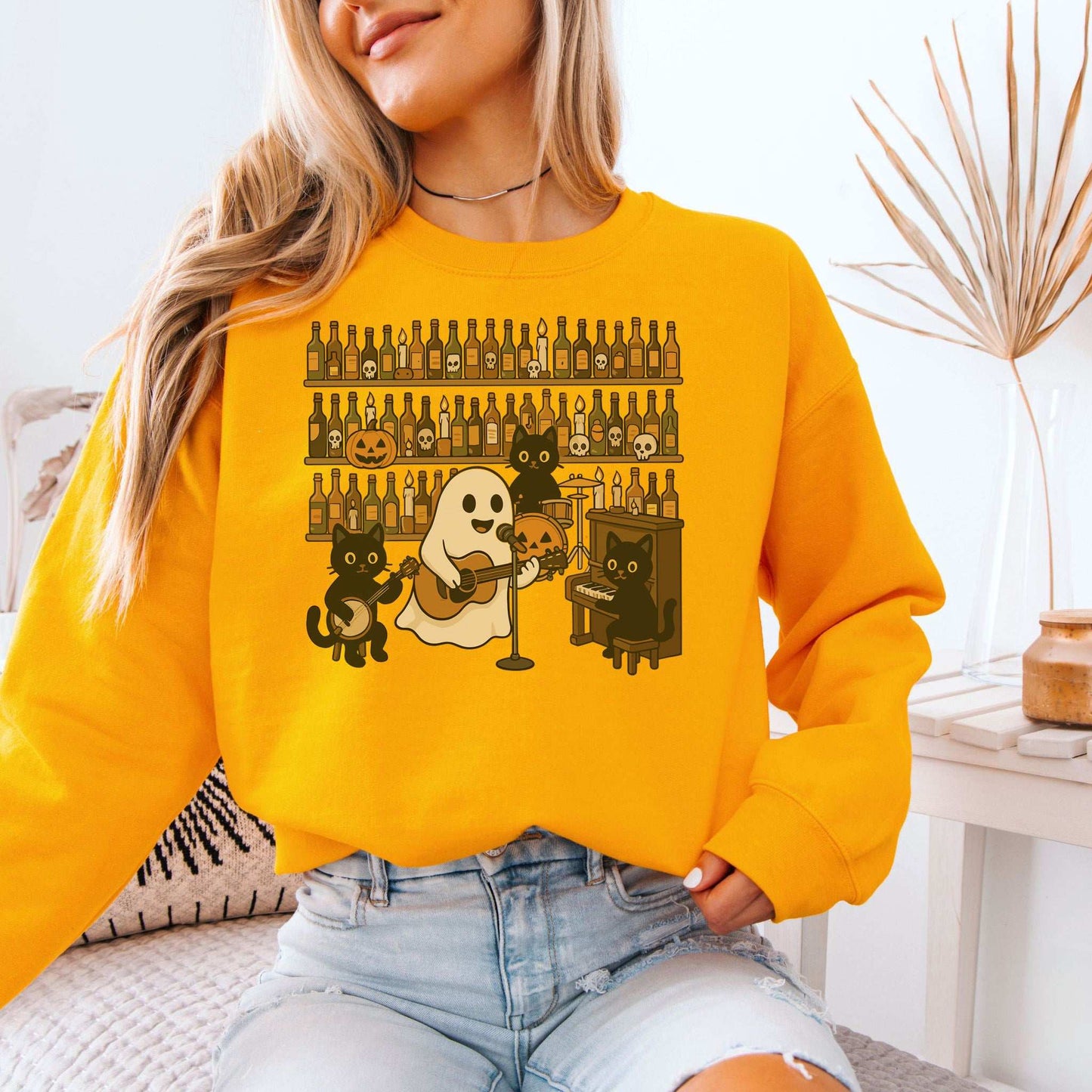 Ghost & Black Cat Band Sweatshirt – Spooky Country Bar Concert Vibes