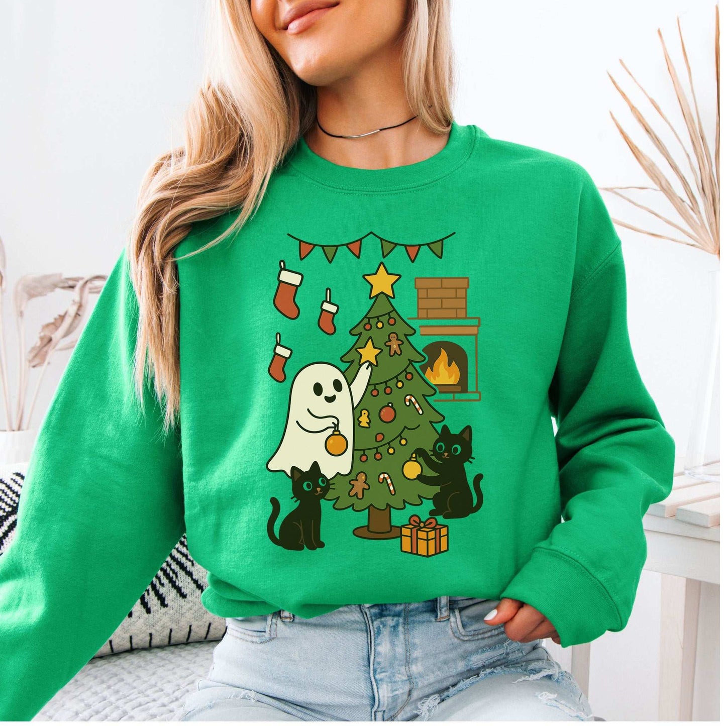 Ghost & Black Cats Christmas Sweatshirt – Haunted Holiday Tree Magic Vibes