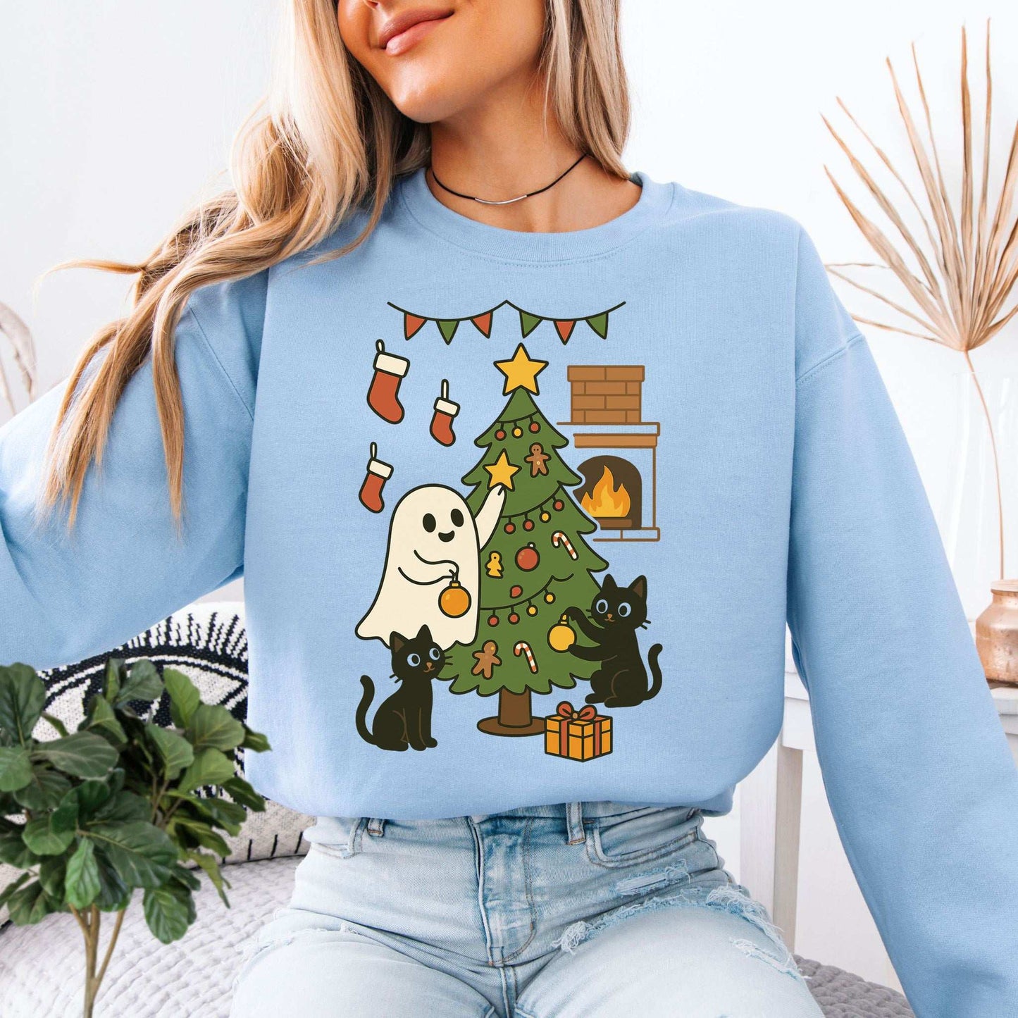 Ghost & Black Cats Christmas Sweatshirt – Haunted Holiday Tree Magic Vibes
