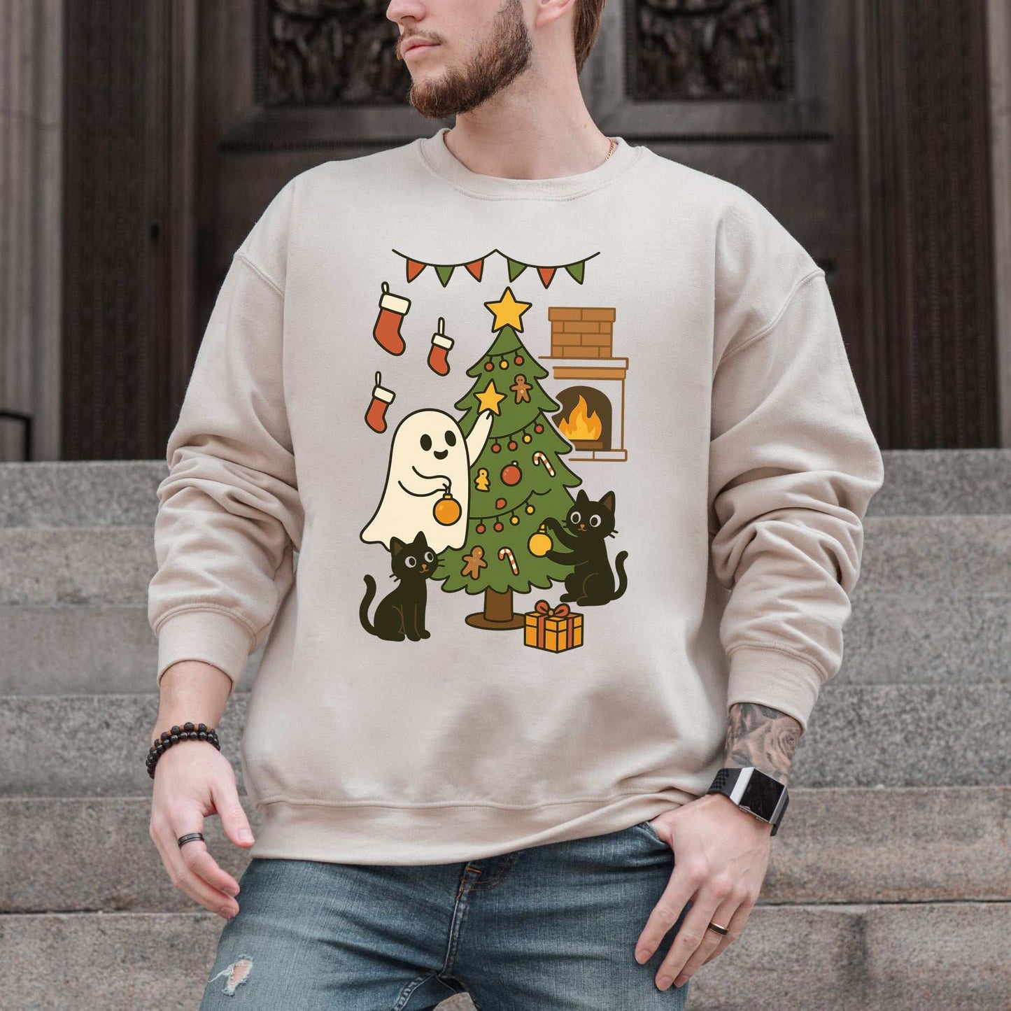 Ghost & Black Cats Christmas Sweatshirt – Haunted Holiday Tree Magic Vibes