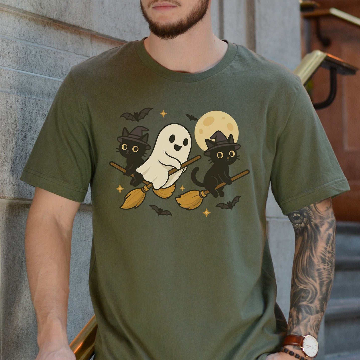 Witchy Ghost & Black Cats T-Shirt – Moonlit Broomstick Mischief Tee