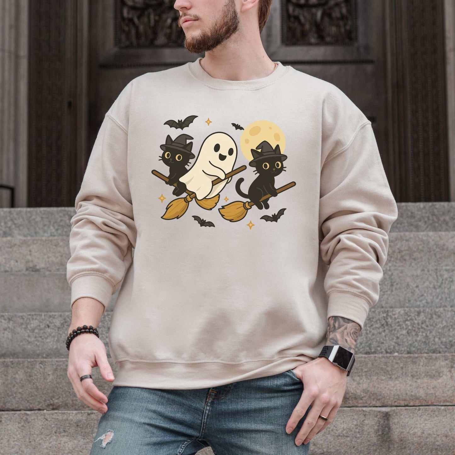 Witchy Ghost & Black Cats Sweatshirt – Moonlit Broomstick Mischief Vibes