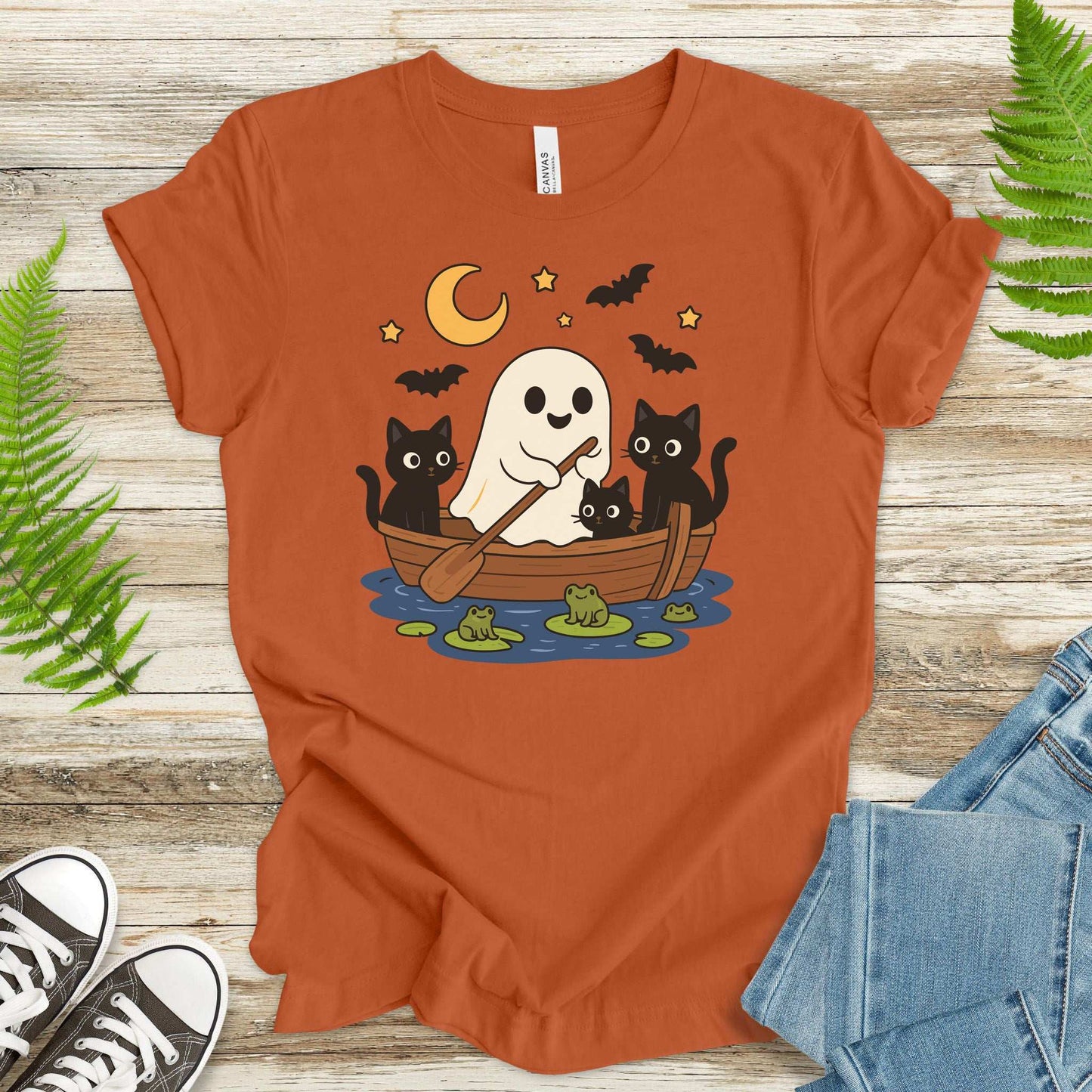 Haunted Lake Ghost & Cats T-Shirt – Spooky Frogs & Moonlight Rowboat Tee