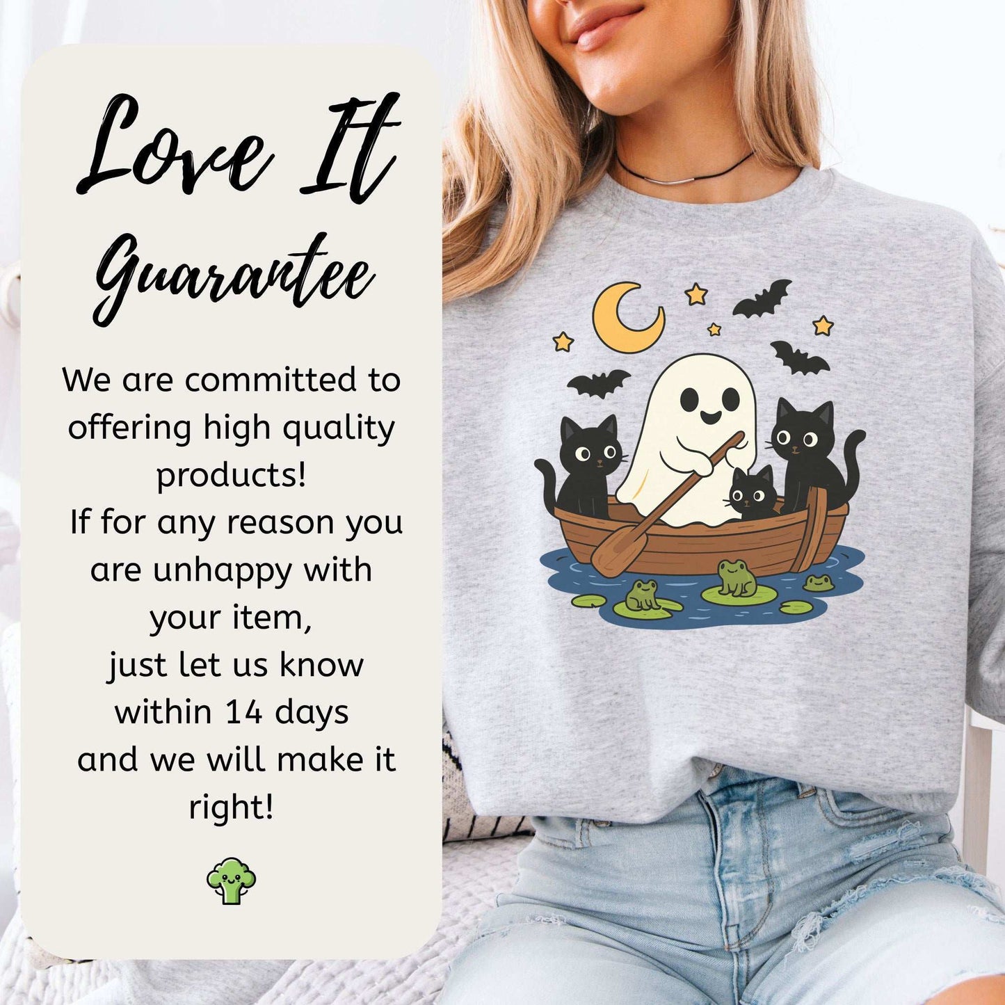 Haunted Lake Ghost & Cats Sweatshirt – Spooky Frogs & Moonlight Rowboat Vibes