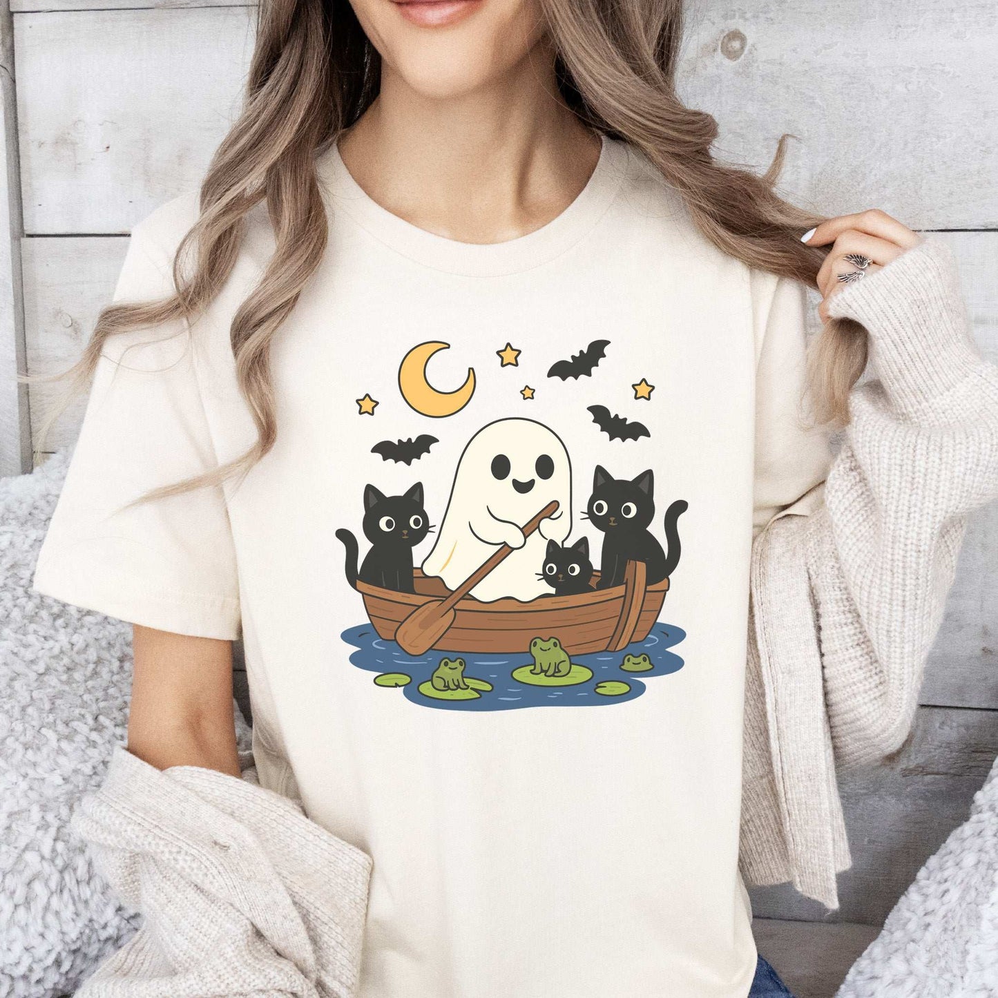 Haunted Lake Ghost & Cats T-Shirt – Spooky Frogs & Moonlight Rowboat Tee