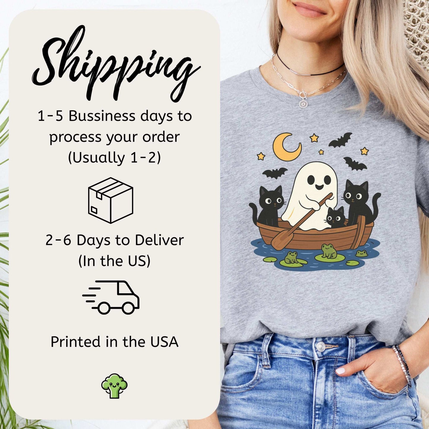 Haunted Lake Ghost & Cats T-Shirt – Spooky Frogs & Moonlight Rowboat Tee