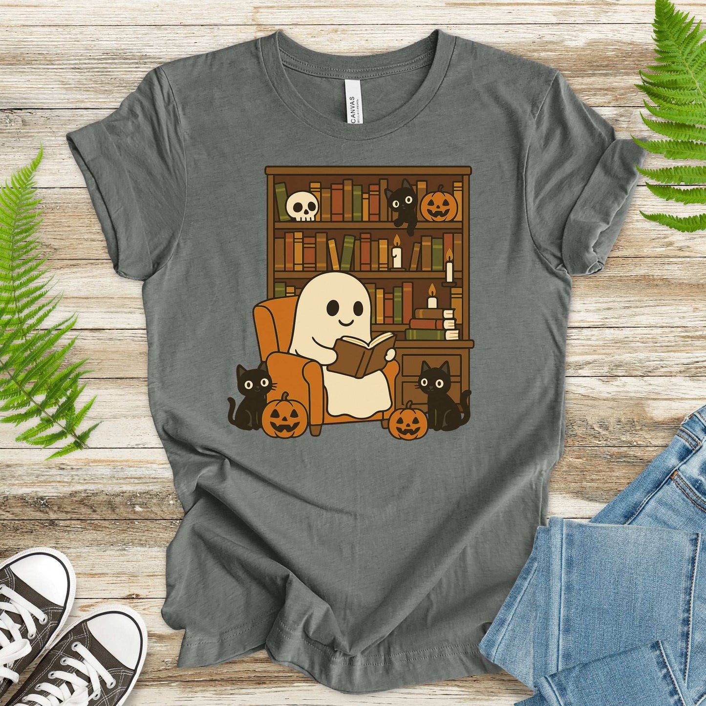 Ghost & Black Cats Reading T-Shirt – Cozy Halloween Library Vibes Tee