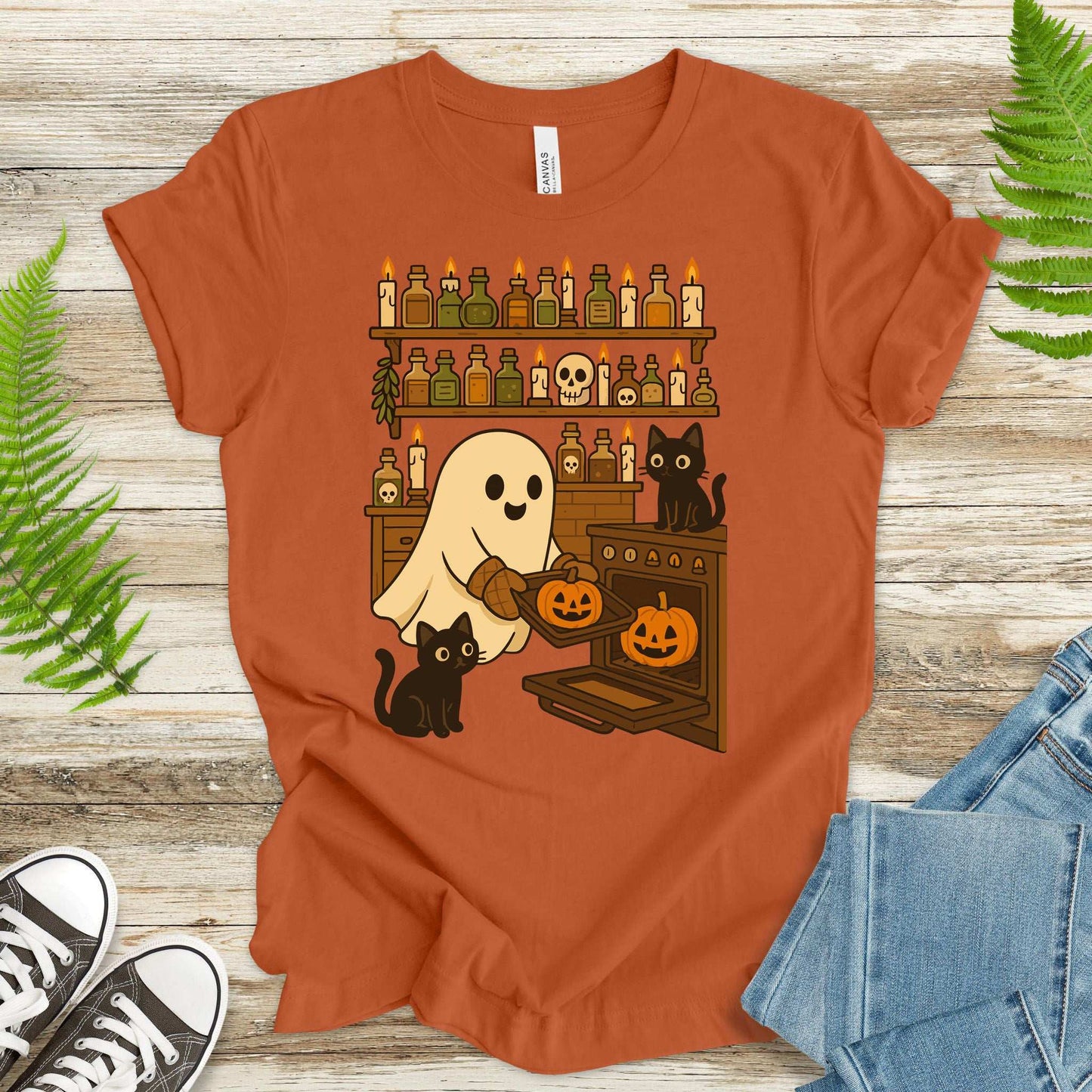 Ghostly Baking & Black Cats T-Shirt – Cozy Halloween Kitchen Vibes Tee