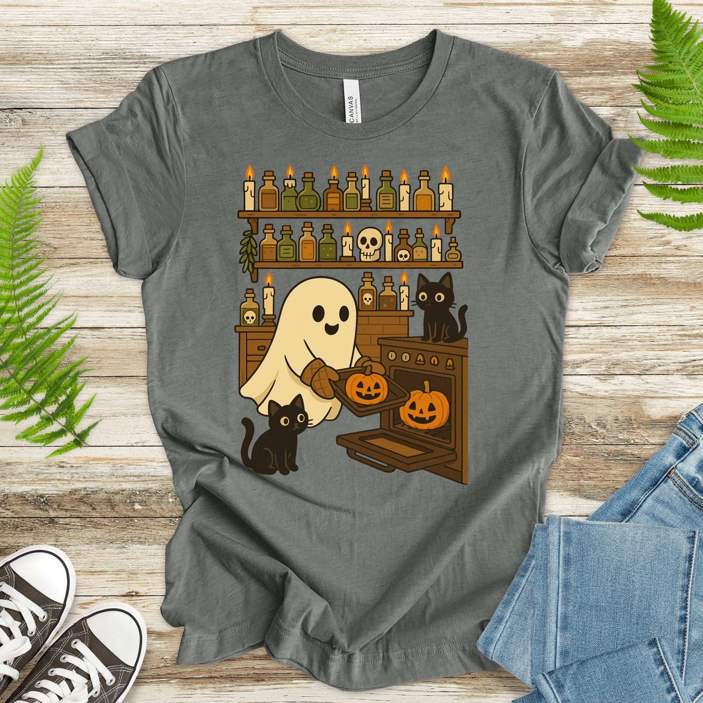 Ghostly Baking & Black Cats T-Shirt – Cozy Halloween Kitchen Vibes Tee