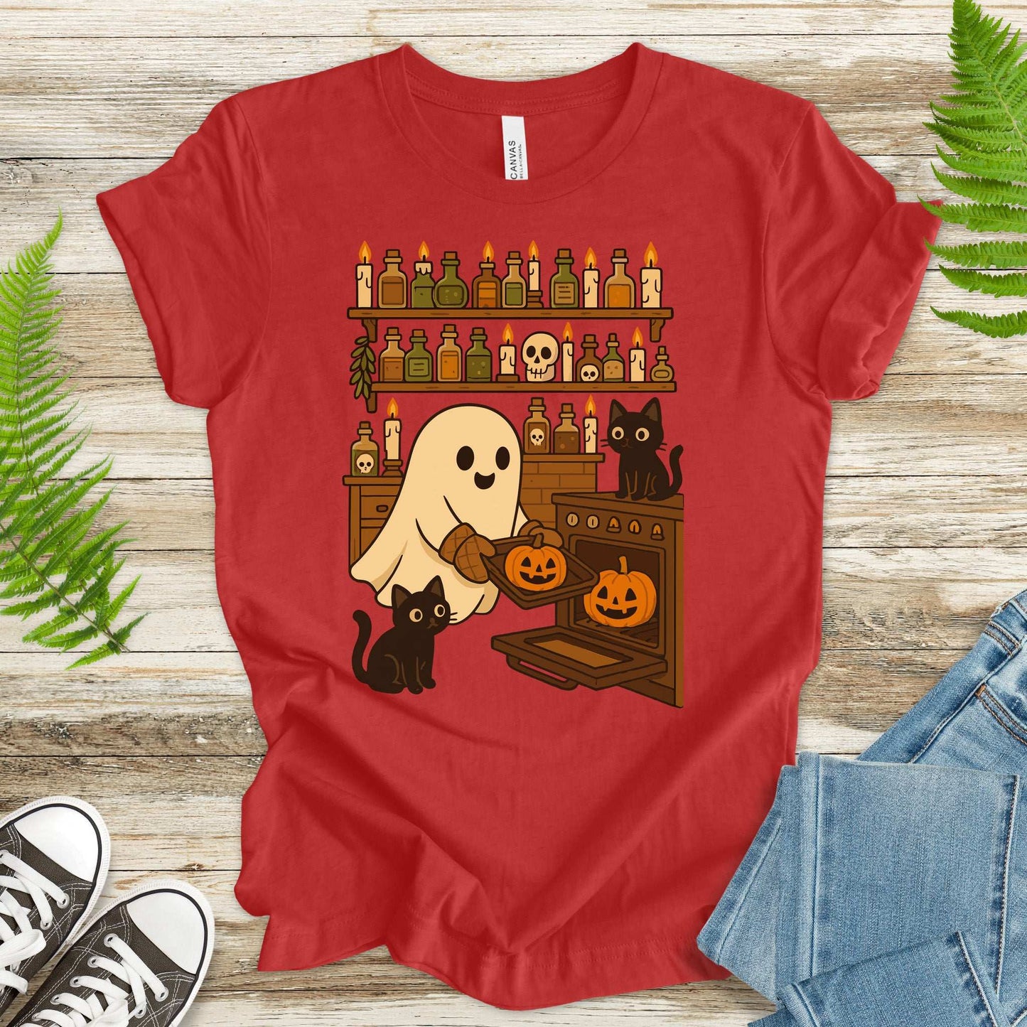 Ghostly Baking & Black Cats T-Shirt – Cozy Halloween Kitchen Vibes Tee