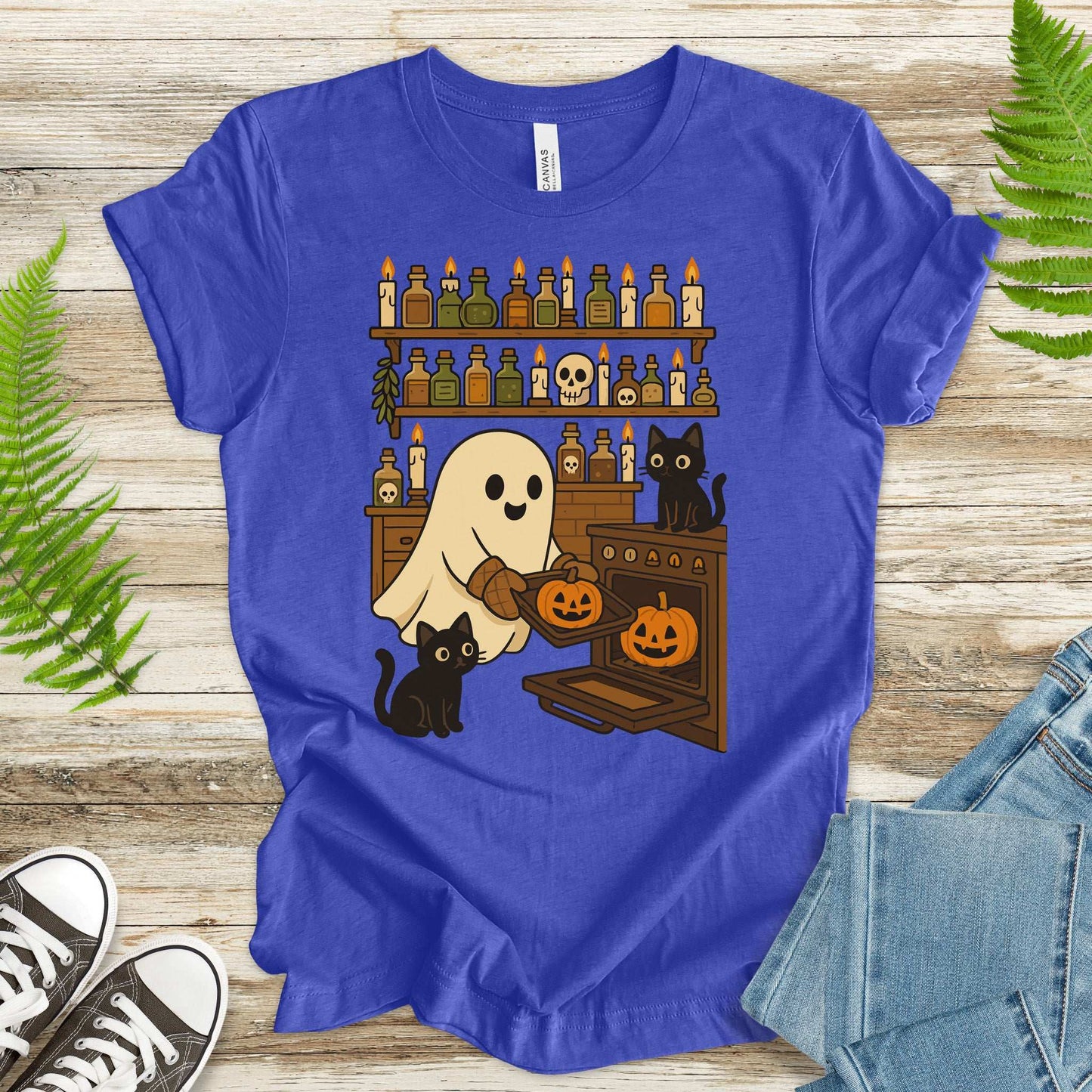 Ghostly Baking & Black Cats T-Shirt – Cozy Halloween Kitchen Vibes Tee