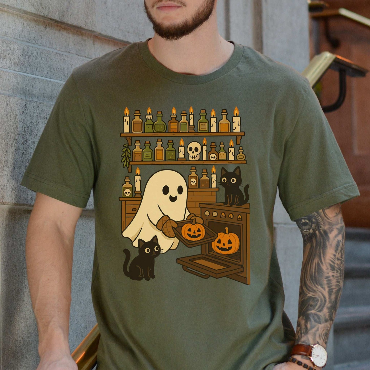 Ghostly Baking & Black Cats T-Shirt – Cozy Halloween Kitchen Vibes Tee