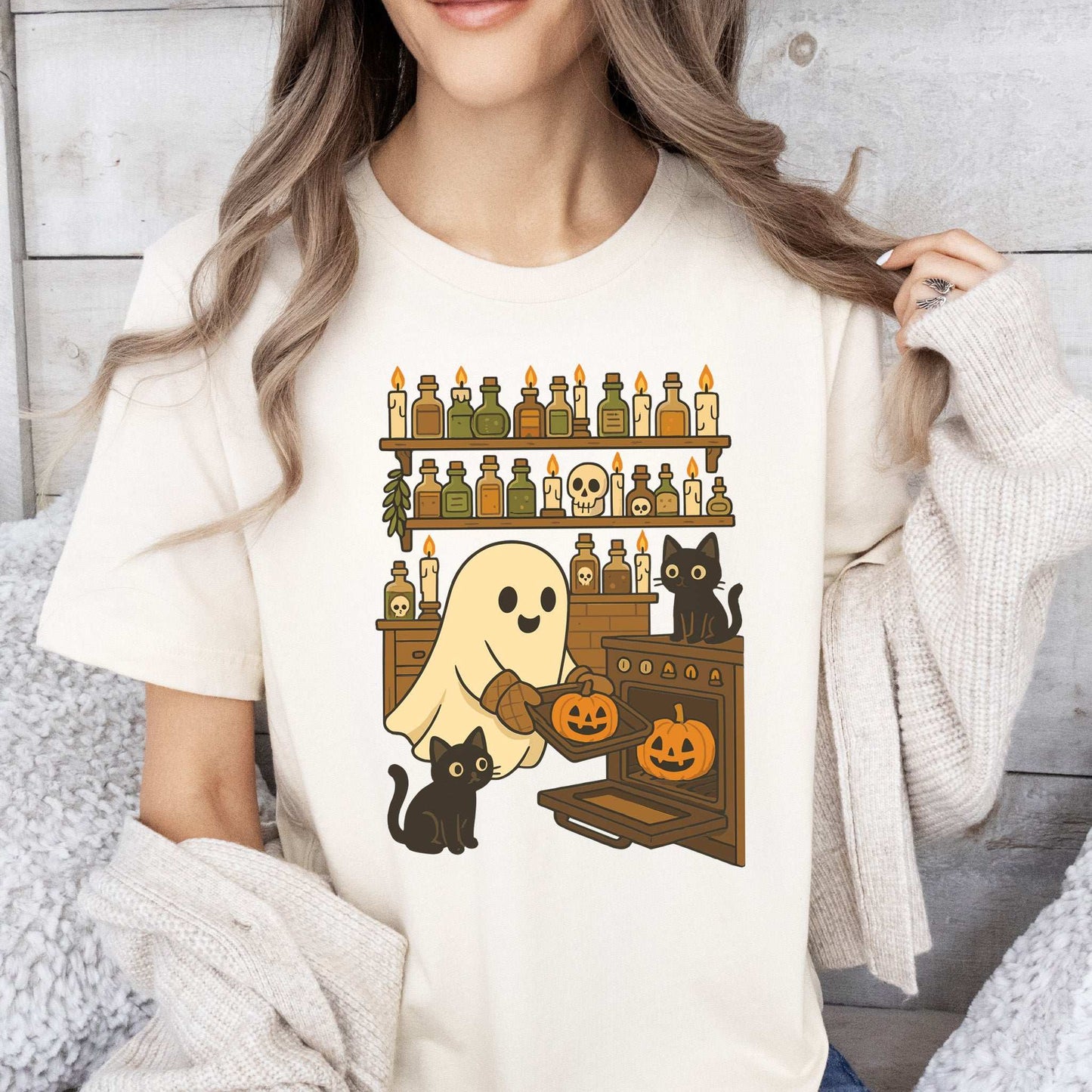 Ghostly Baking & Black Cats T-Shirt – Cozy Halloween Kitchen Vibes Tee