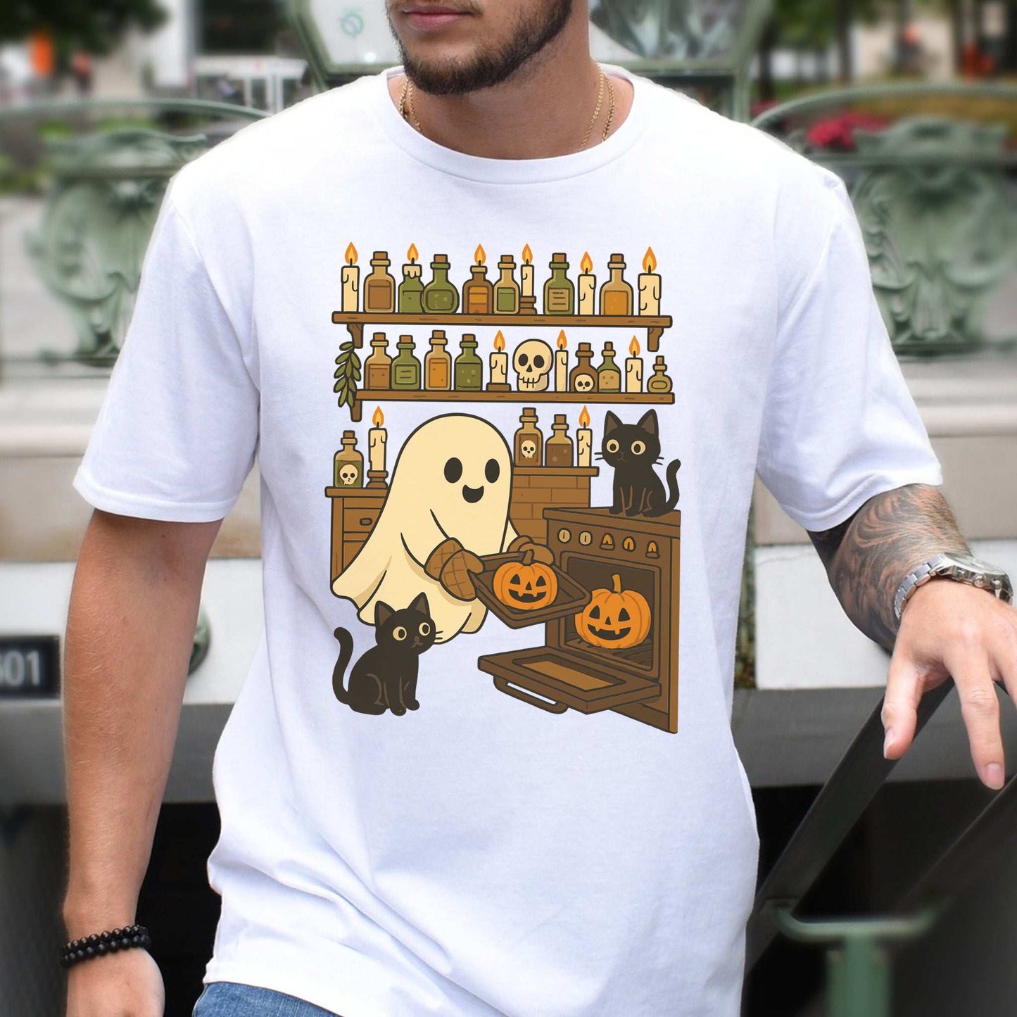 Ghostly Baking & Black Cats T-Shirt – Cozy Halloween Kitchen Vibes Tee