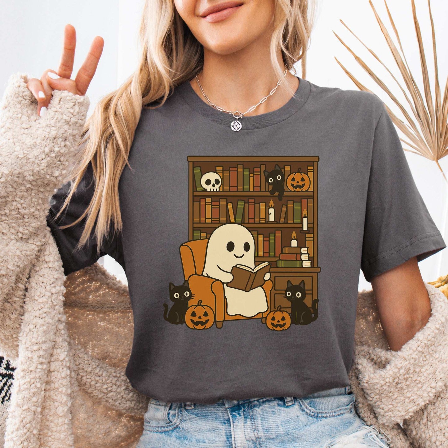 Ghost & Black Cats Reading T-Shirt – Cozy Halloween Library Vibes Tee