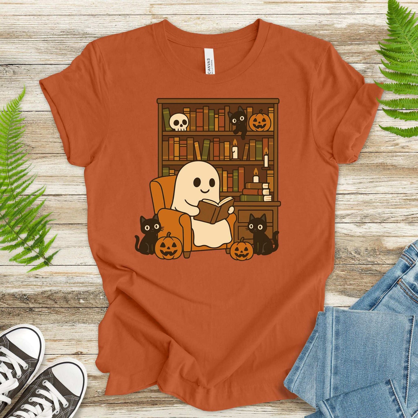 Ghost & Black Cats Reading T-Shirt – Cozy Halloween Library Vibes Tee