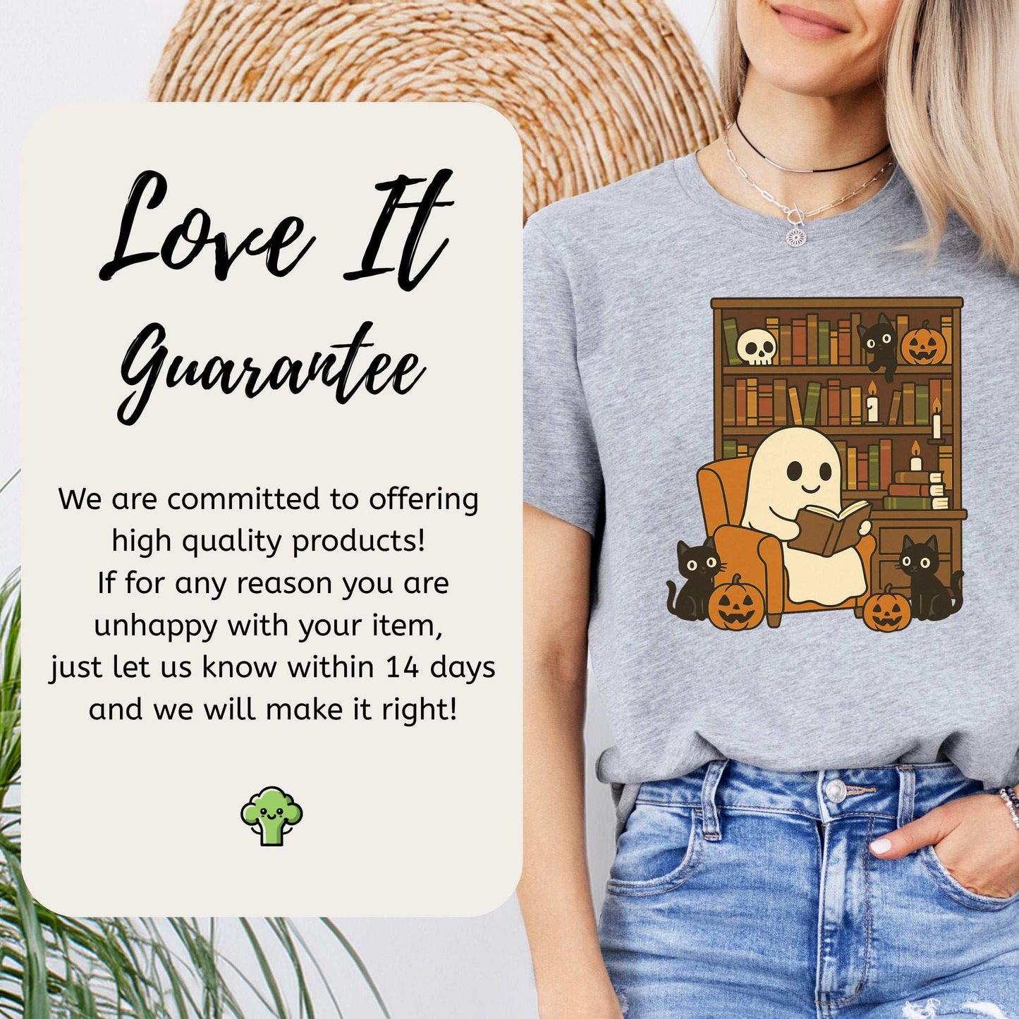 Ghost & Black Cats Reading T-Shirt – Cozy Halloween Library Vibes Tee