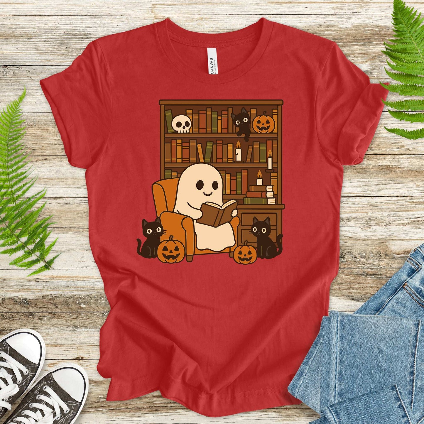 Ghost & Black Cats Reading T-Shirt – Cozy Halloween Library Vibes Tee