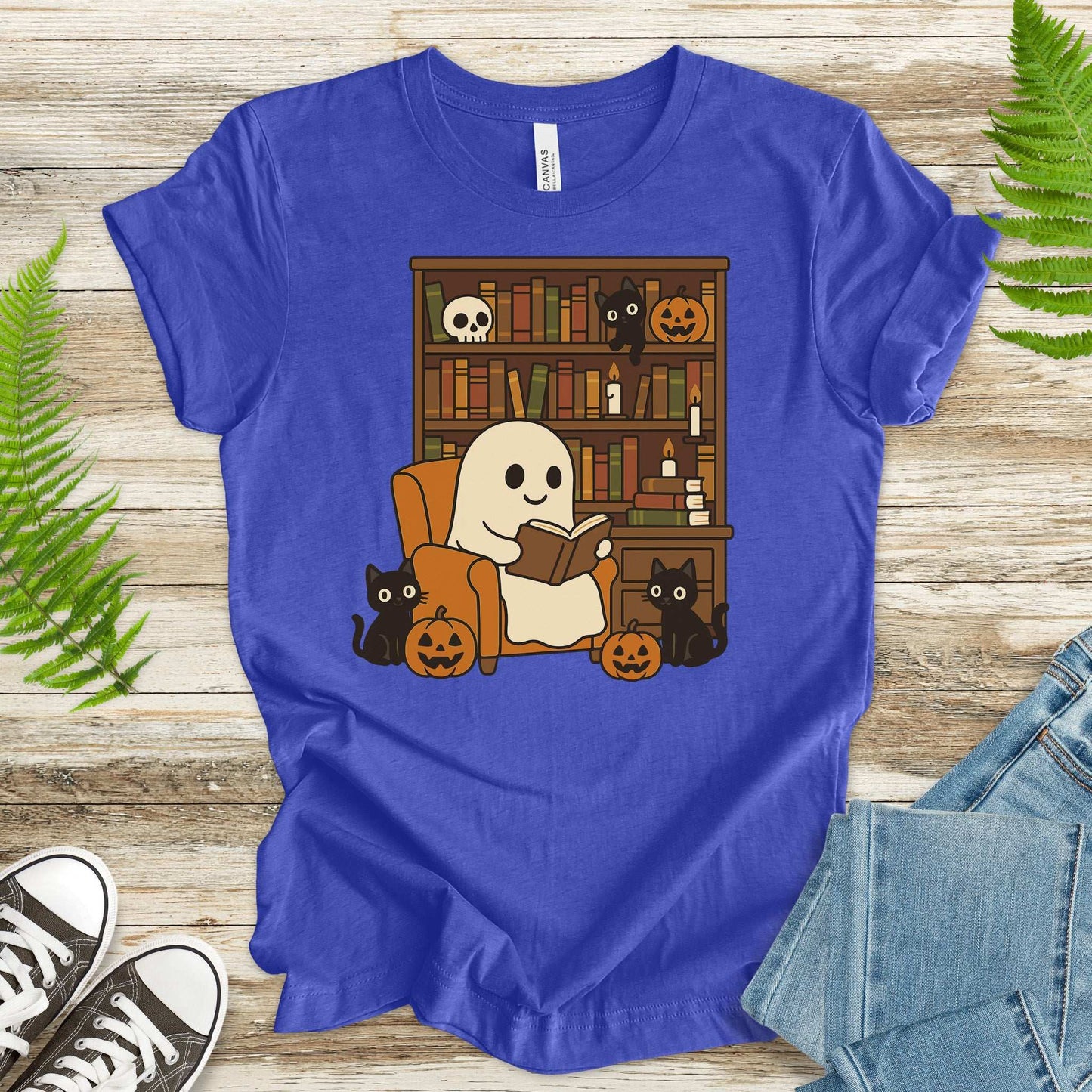 Ghost & Black Cats Reading T-Shirt – Cozy Halloween Library Vibes Tee