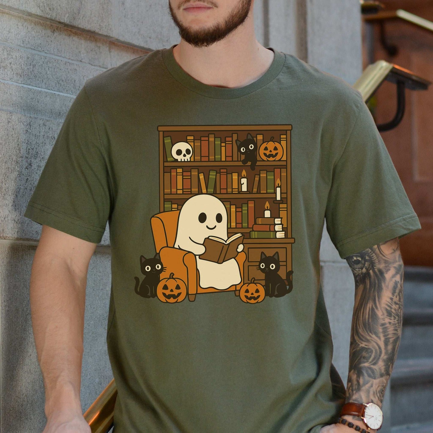 Ghost & Black Cats Reading T-Shirt – Cozy Halloween Library Vibes Tee