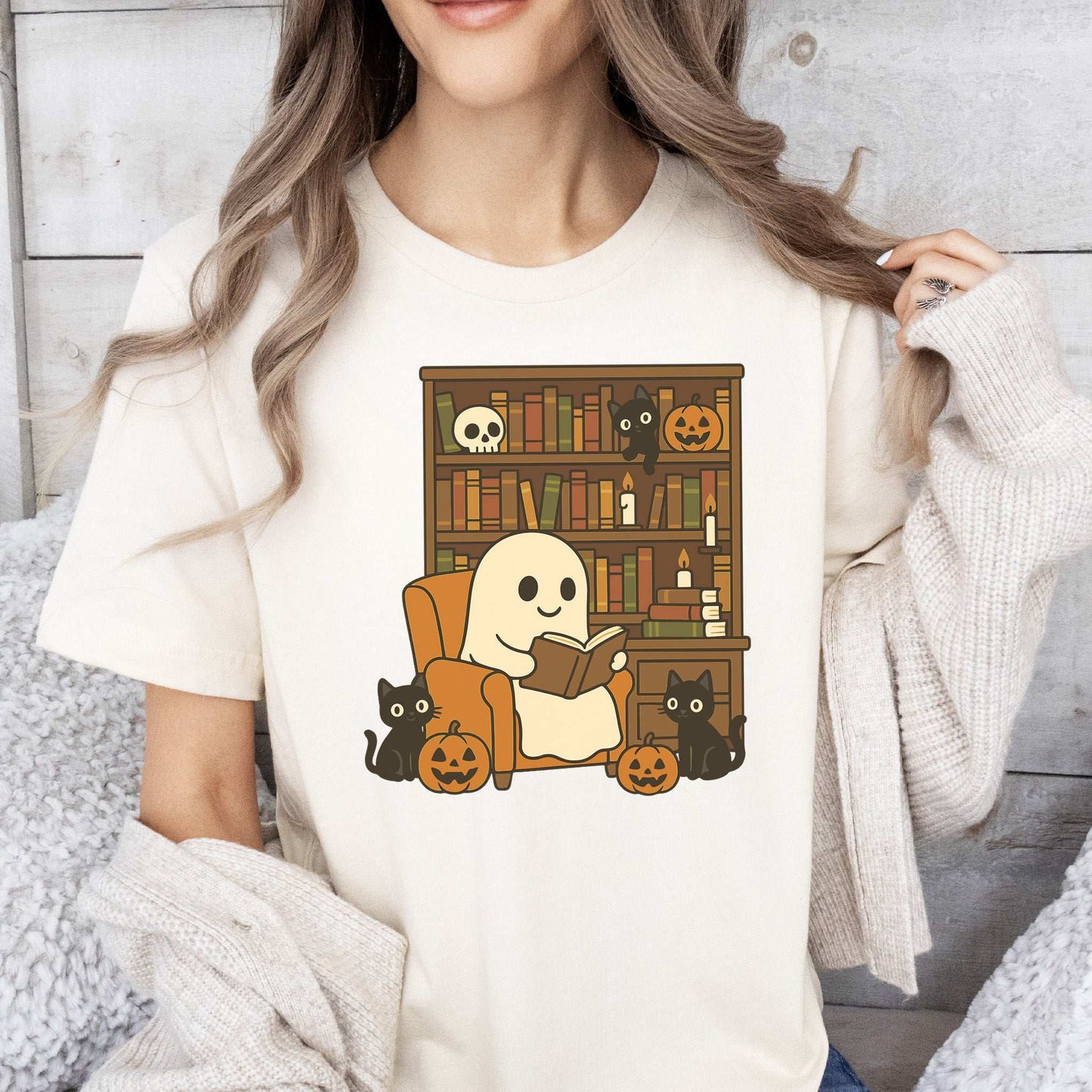 Ghost & Black Cats Reading T-Shirt – Cozy Halloween Library Vibes Tee