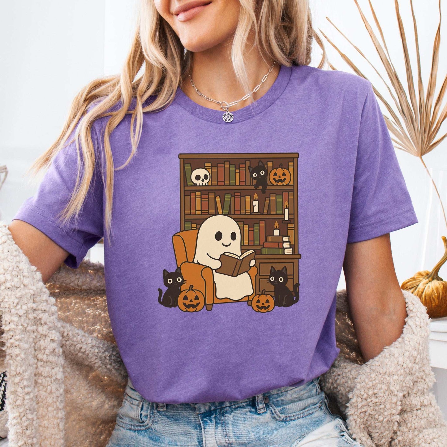 Ghost & Black Cats Reading T-Shirt – Cozy Halloween Library Vibes Tee