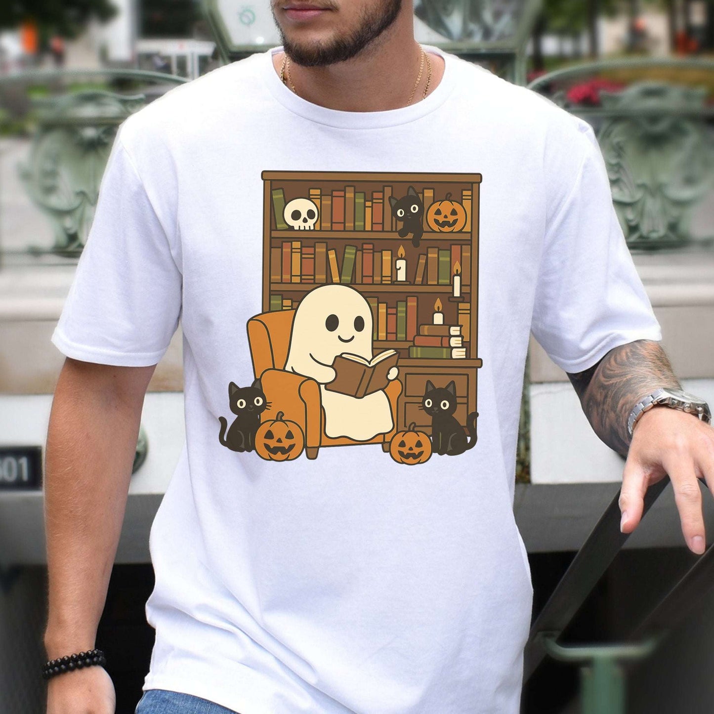 Ghost & Black Cats Reading T-Shirt – Cozy Halloween Library Vibes Tee