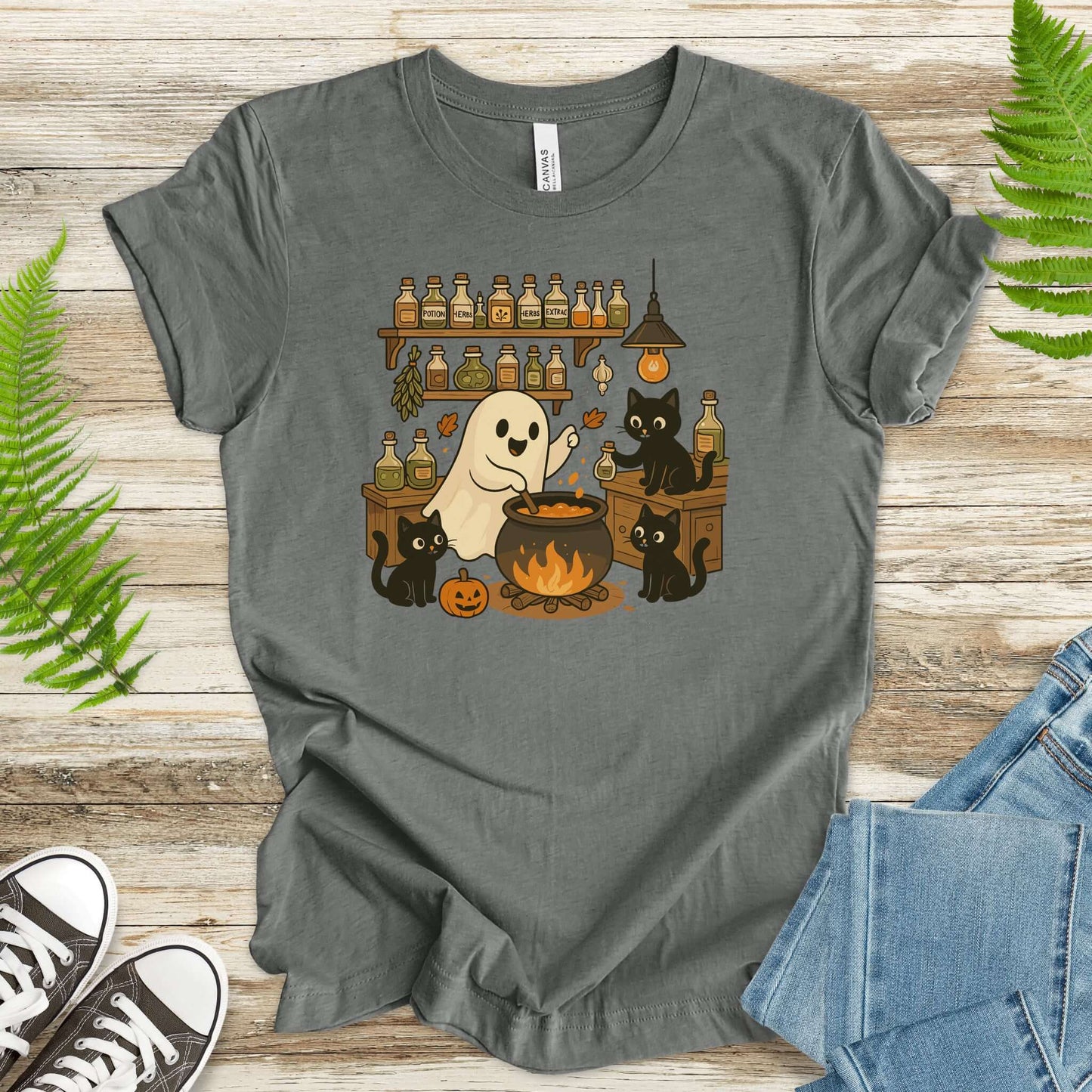 Ghost and Black Cats Halloween T-Shirt – Cute Cat Lover Spooky Season Gift