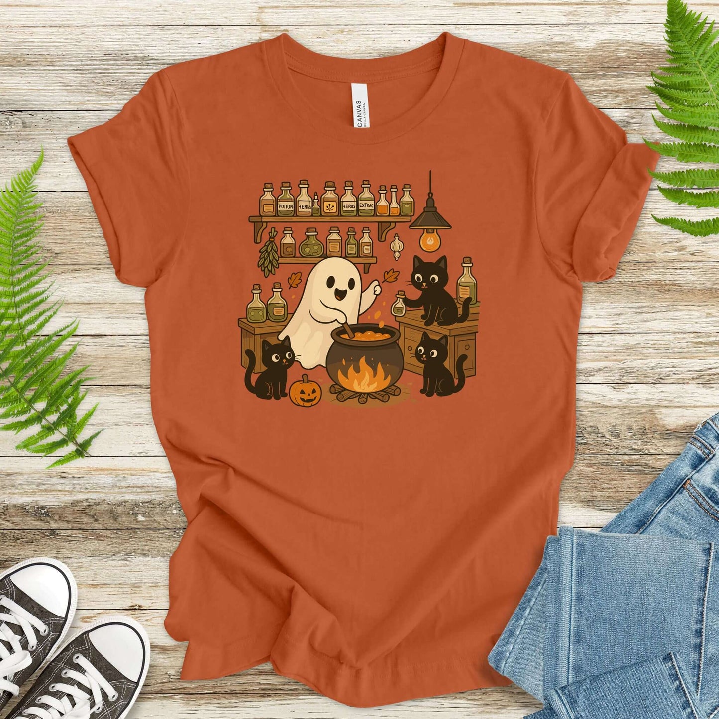 Ghost and Black Cats Halloween T-Shirt – Cute Cat Lover Spooky Season Gift