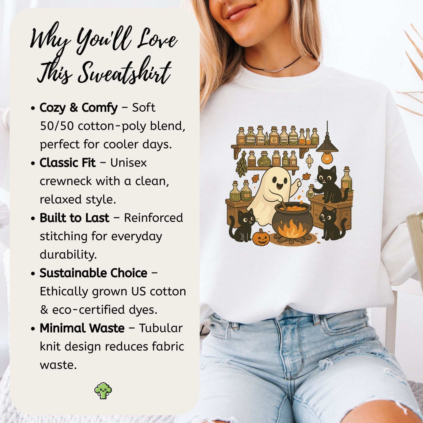 Ghost & Black Cats Cooking Halloween Sweatshirt featuring a retro ghost, black cats, potion bottles, and autumn decor.