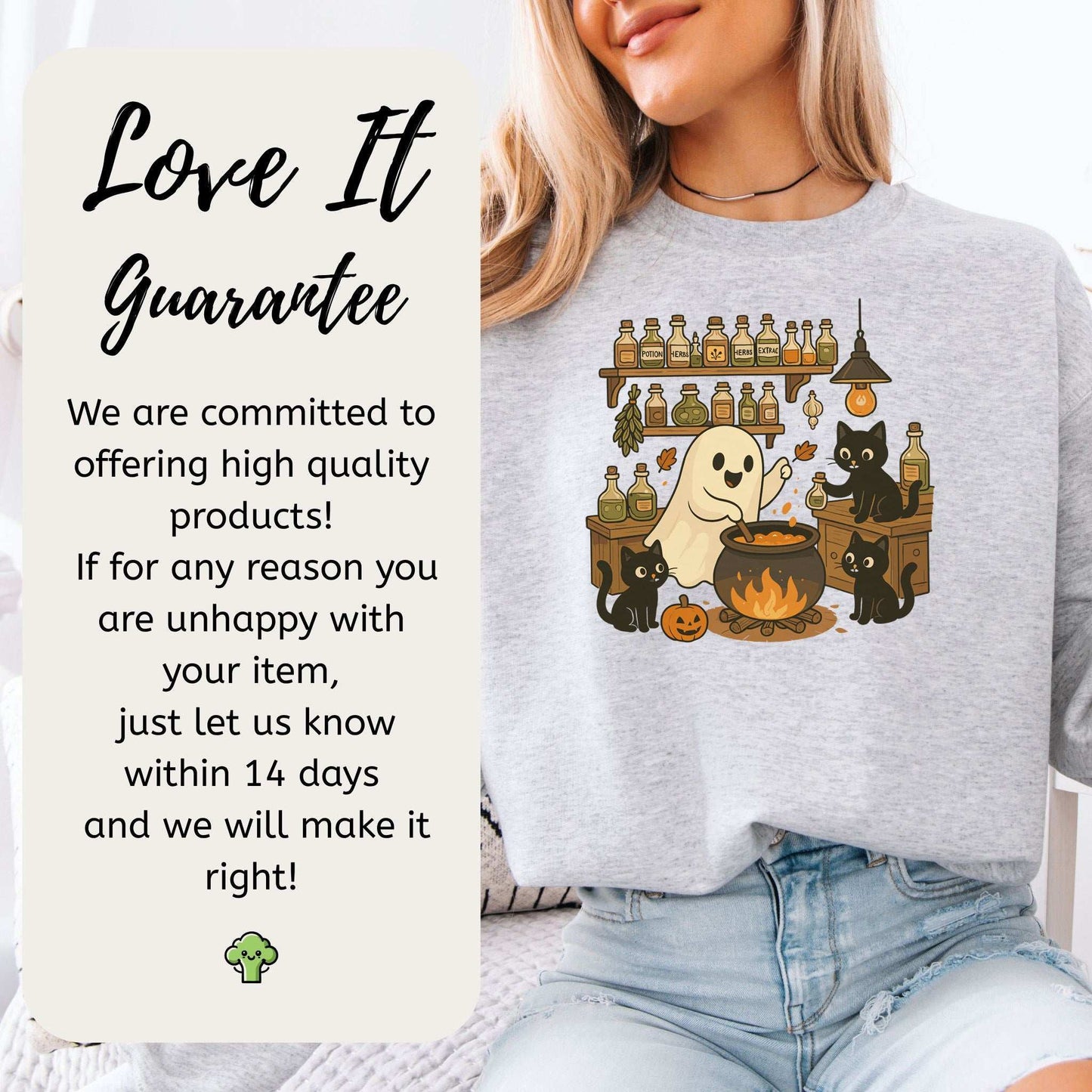 Cozy Ghost & Black Cats Halloween sweatshirt featuring a ghost chef and playful black cats, promoting the Love It Guarantee.
