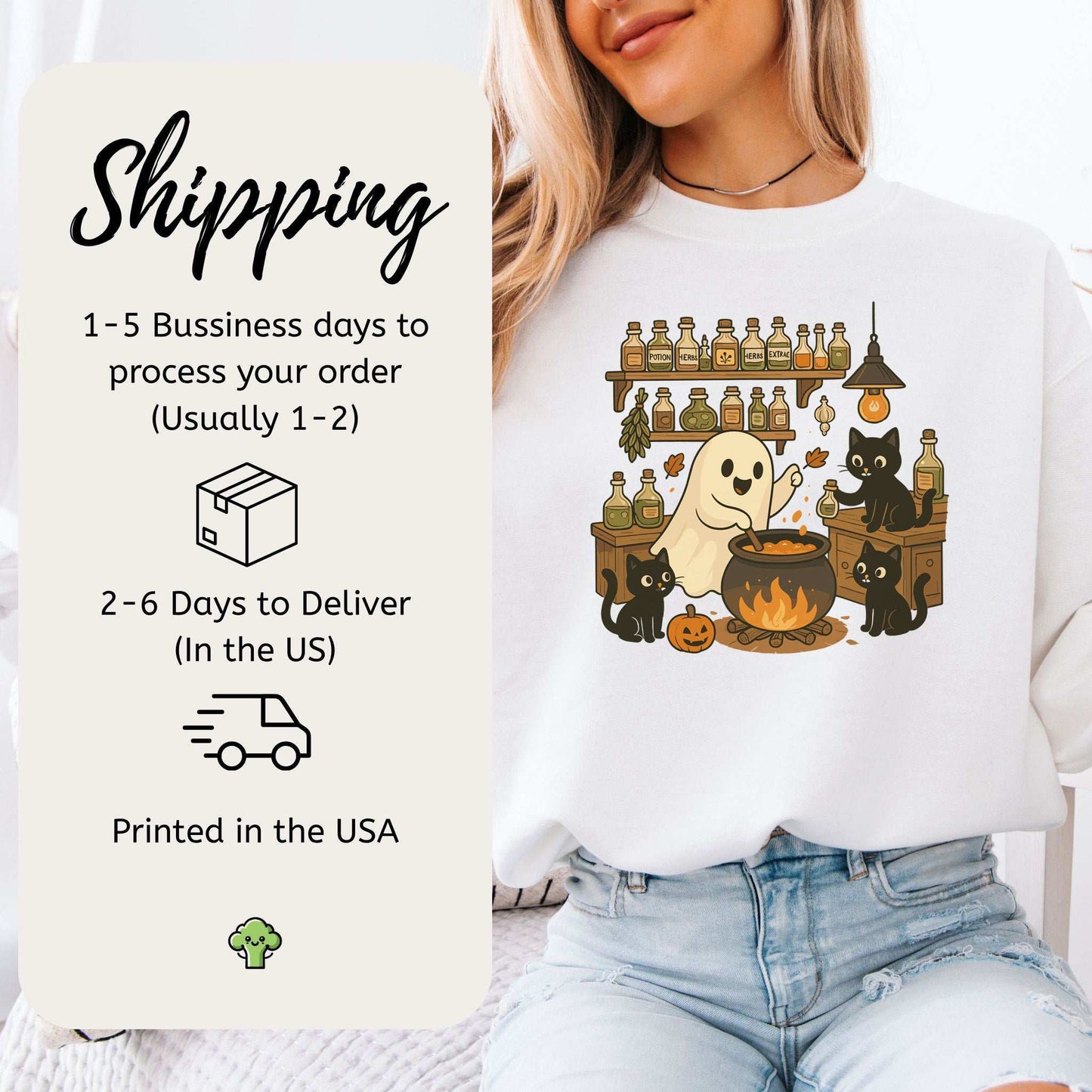 Woman wearing Ghost & Black Cats Halloween sweatshirt with shipping information and whimsical design.