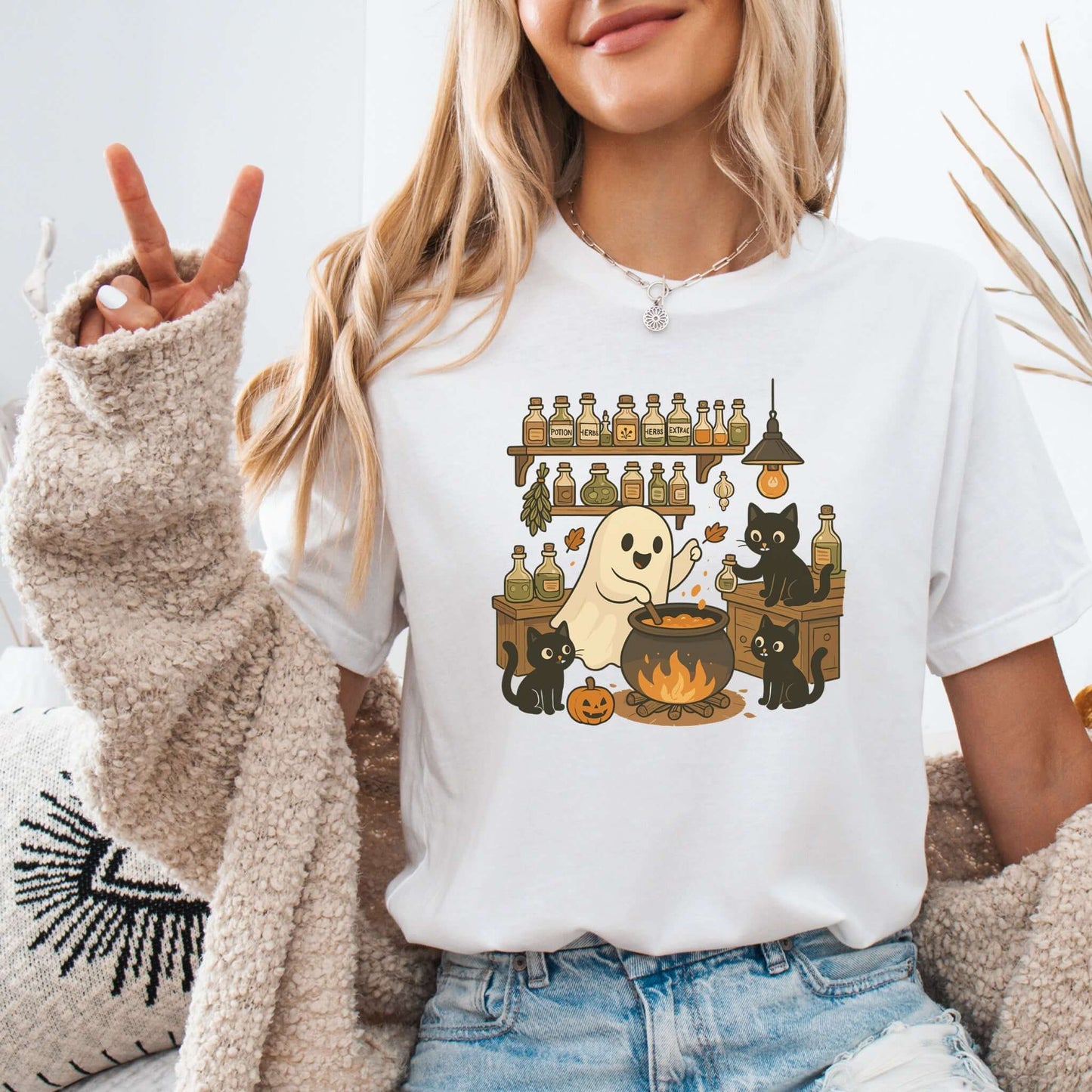 Ghost and Black Cats Halloween T-Shirt – Cute Cat Lover Spooky Season Gift