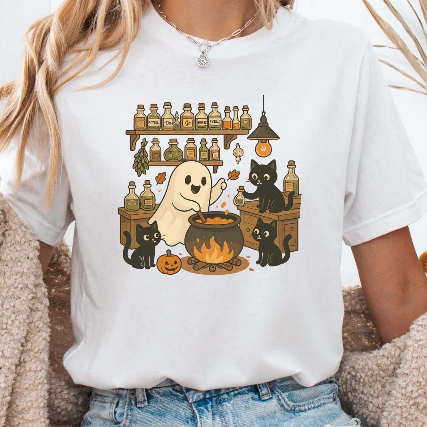 Ghost and Black Cats Halloween T-Shirt – Cute Cat Lover Spooky Season Gift